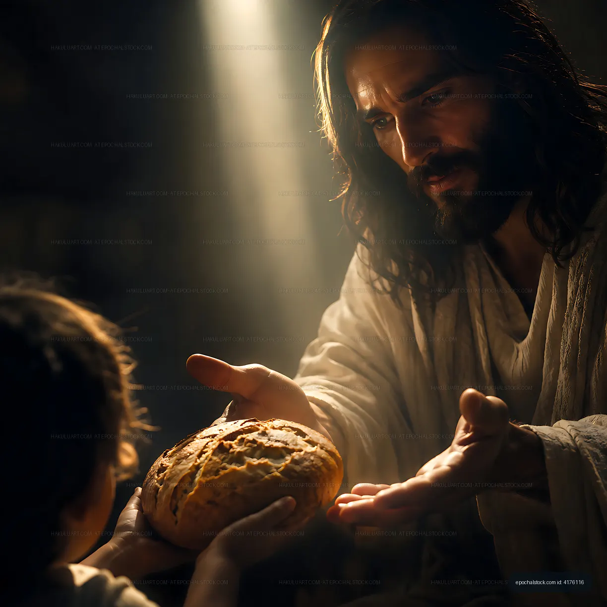 Man shares bread with child in a dimly lit room