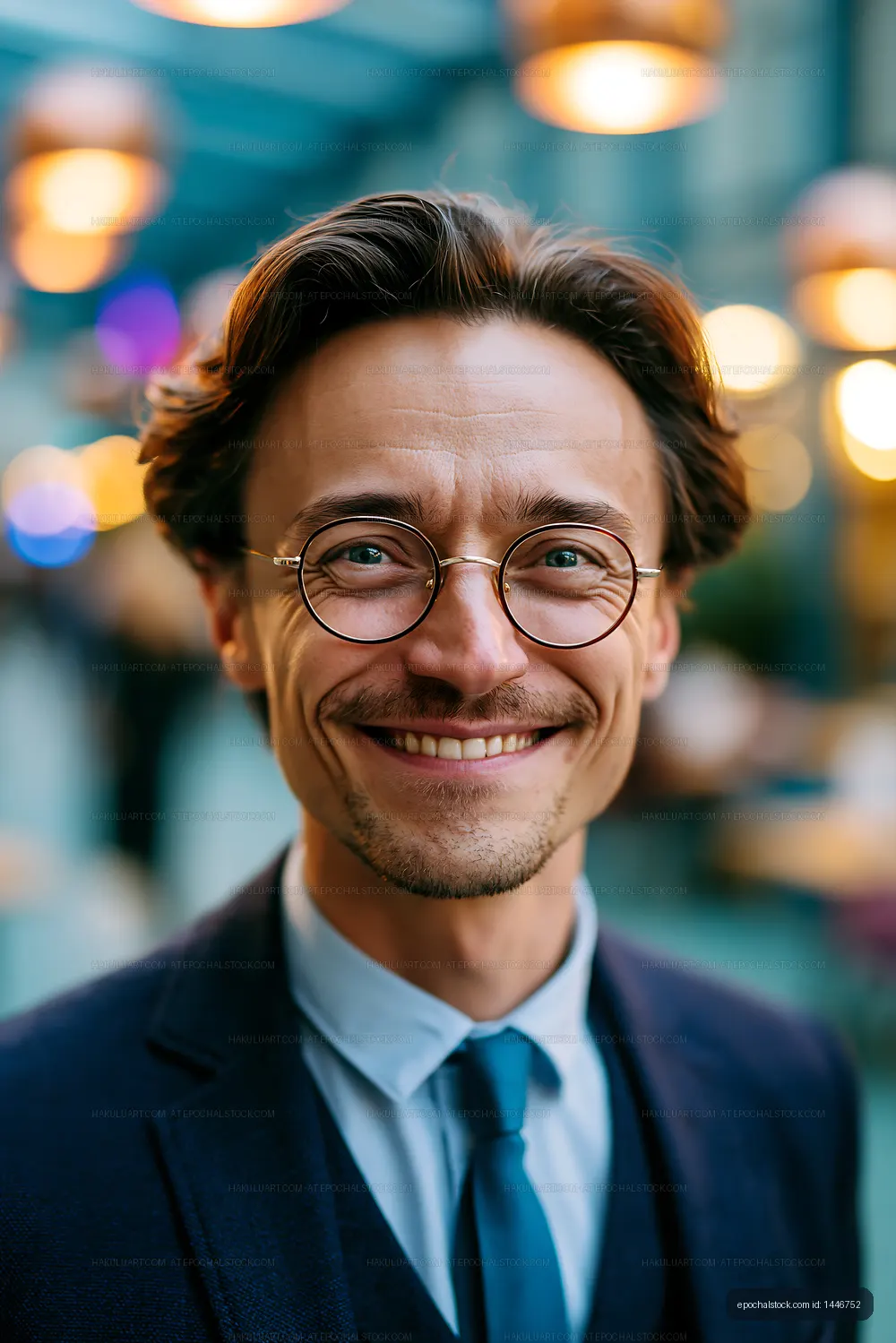 Smiling man with glasses in a modern cafe setting
