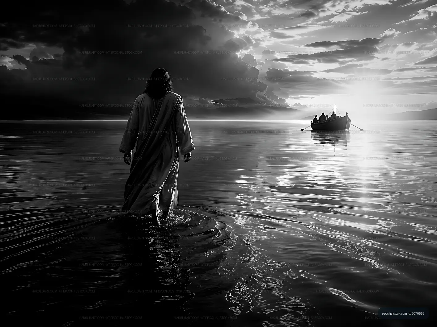 Person walking on water toward a boat in a lake at sunset