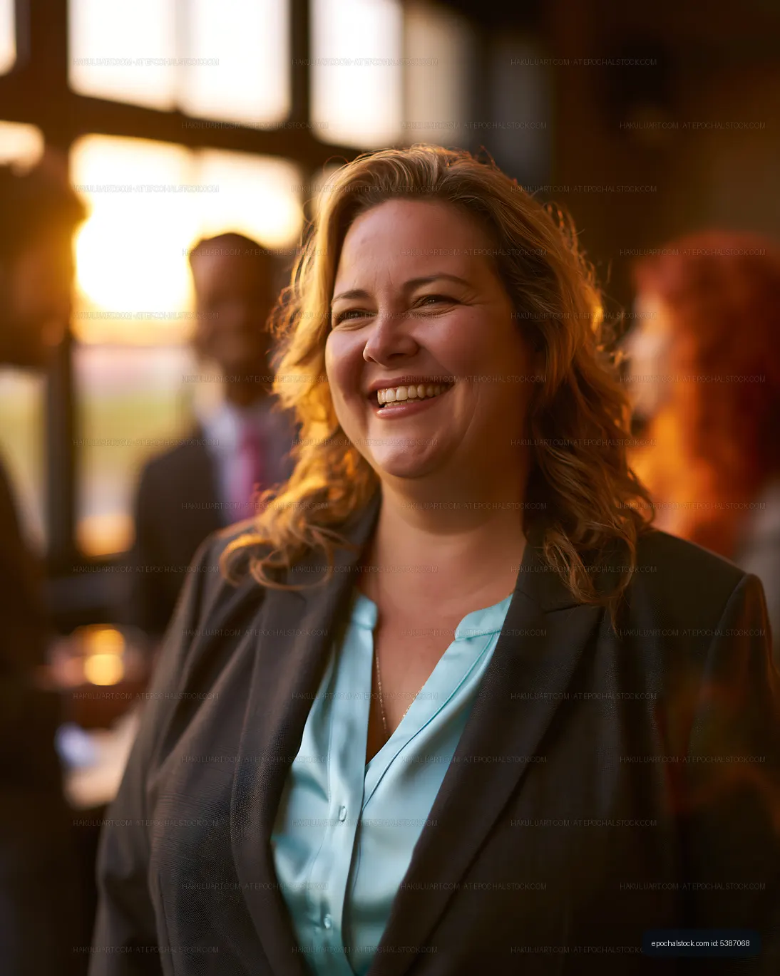 Woman smiling at a social gathering during sunset