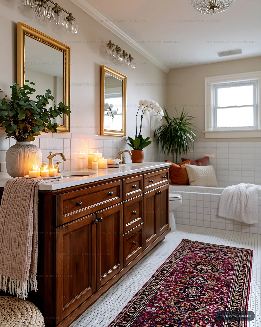 Cozy bathroom with wooden vanity and candles in warm lighting