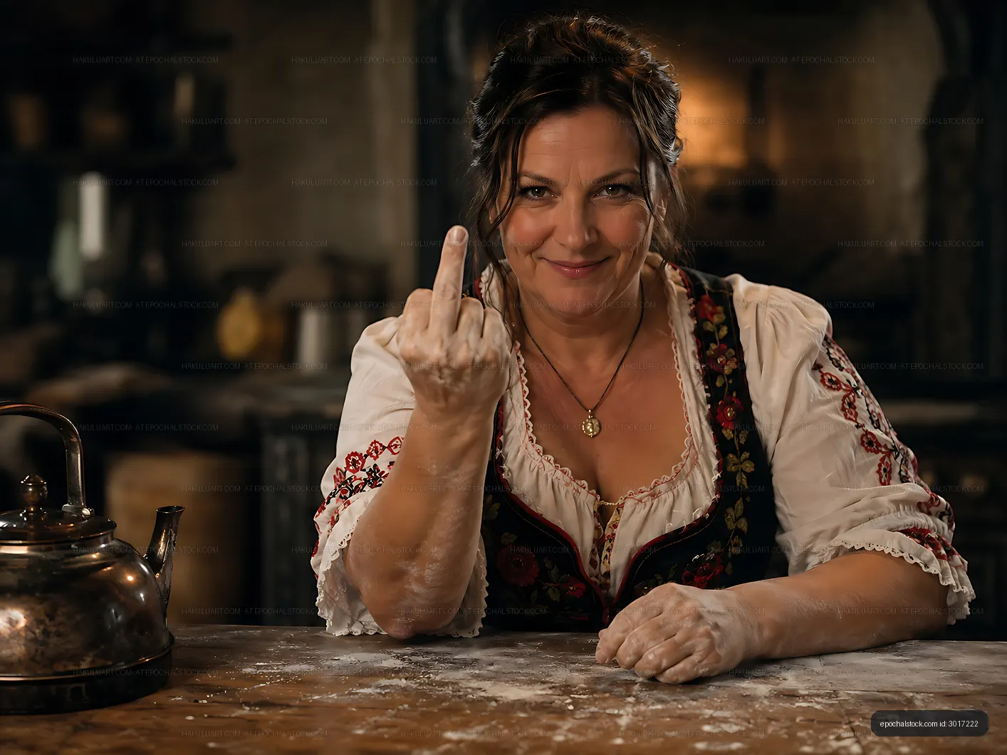 Woman in traditional clothing showing a gesture in a rustic kitchen