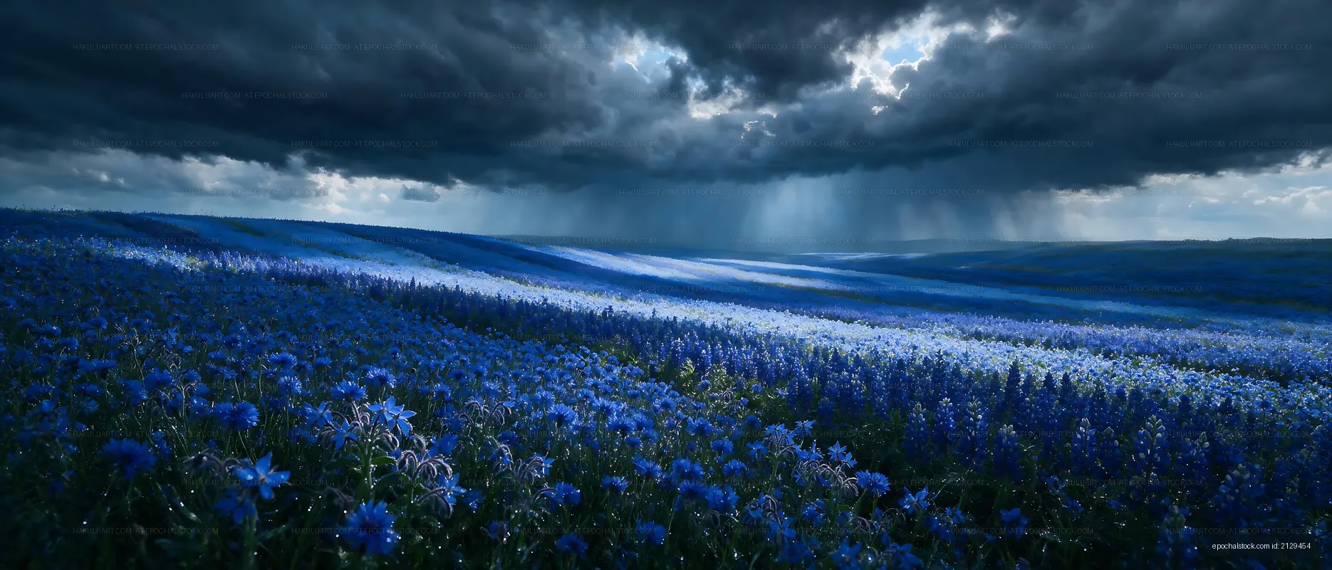 Blue flower field under dark clouds with rain