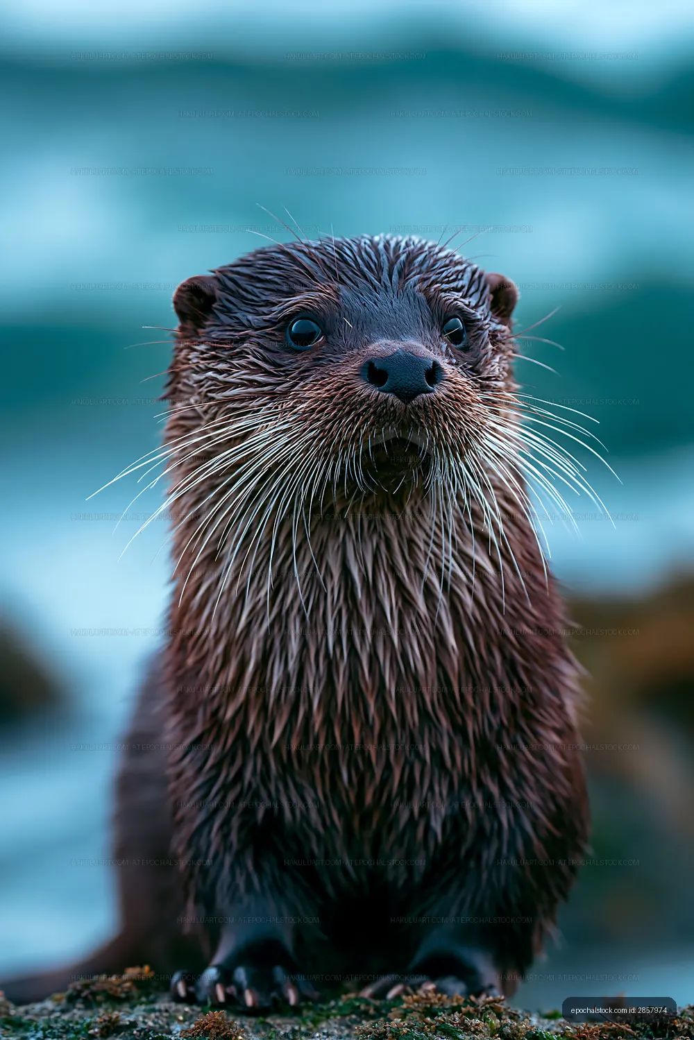 Otter standing on a rock near the ocean shore