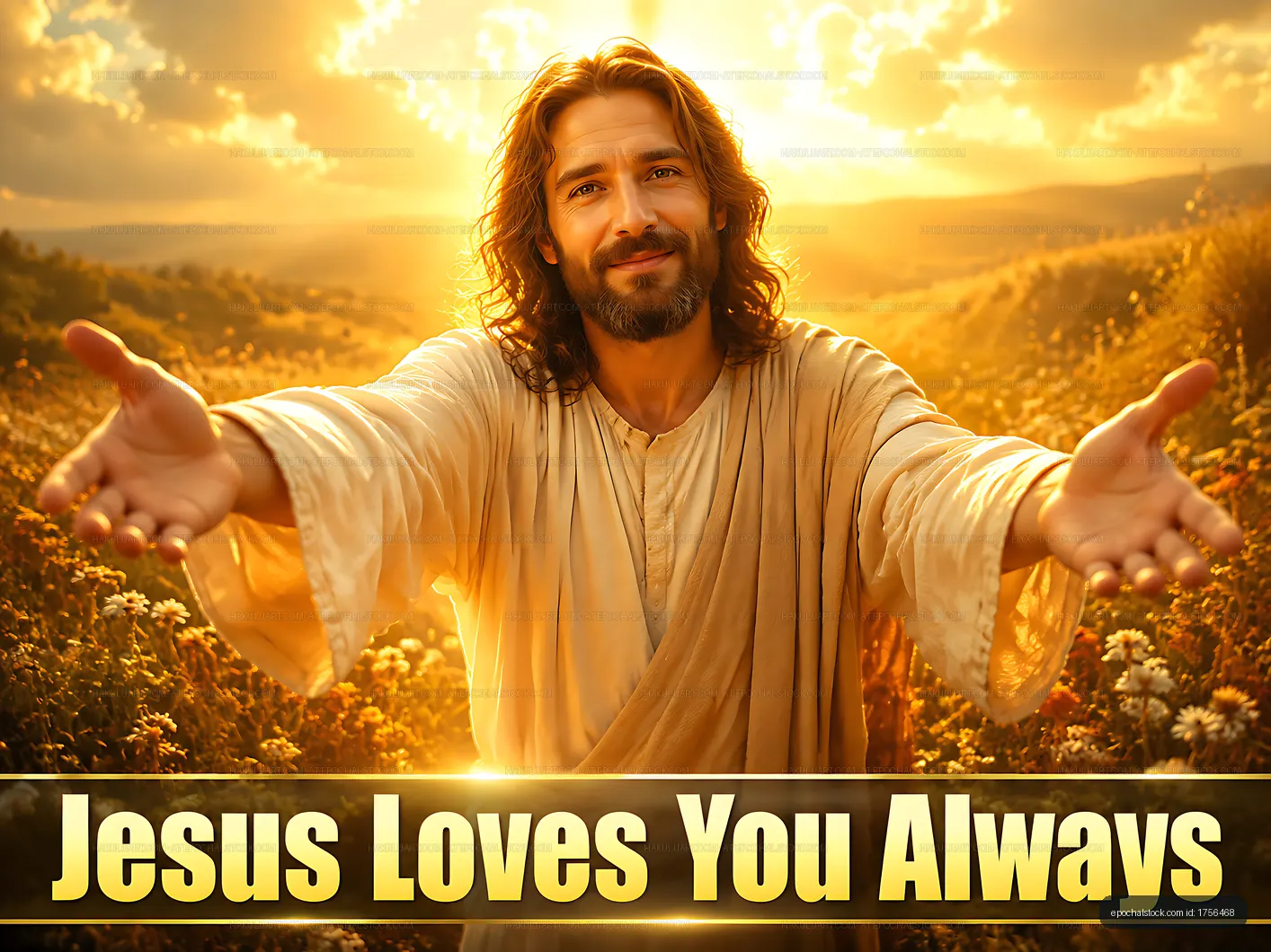 Jesus greets people with open arms in sunlit landscape