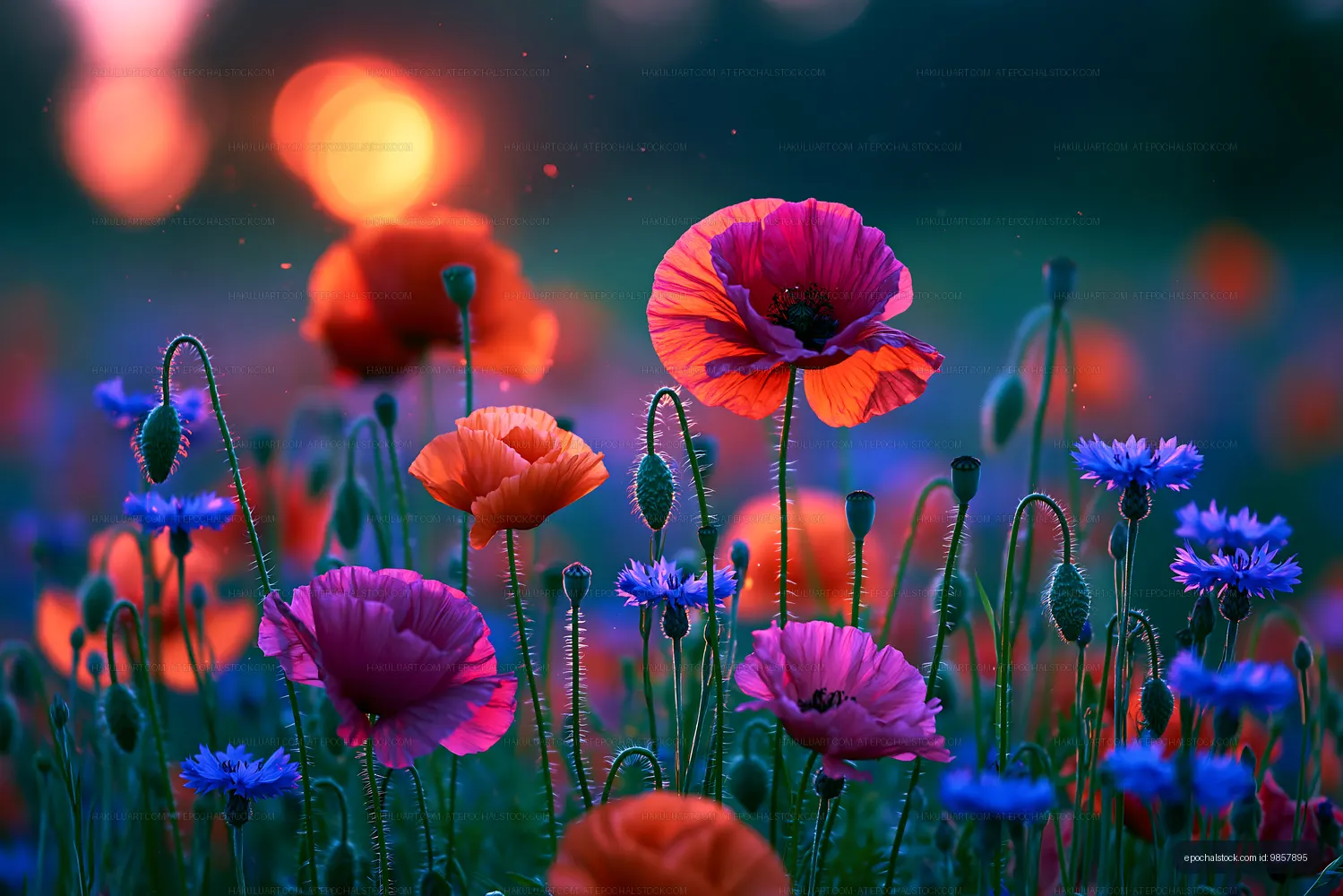 Colorful flowers in a field during sunset