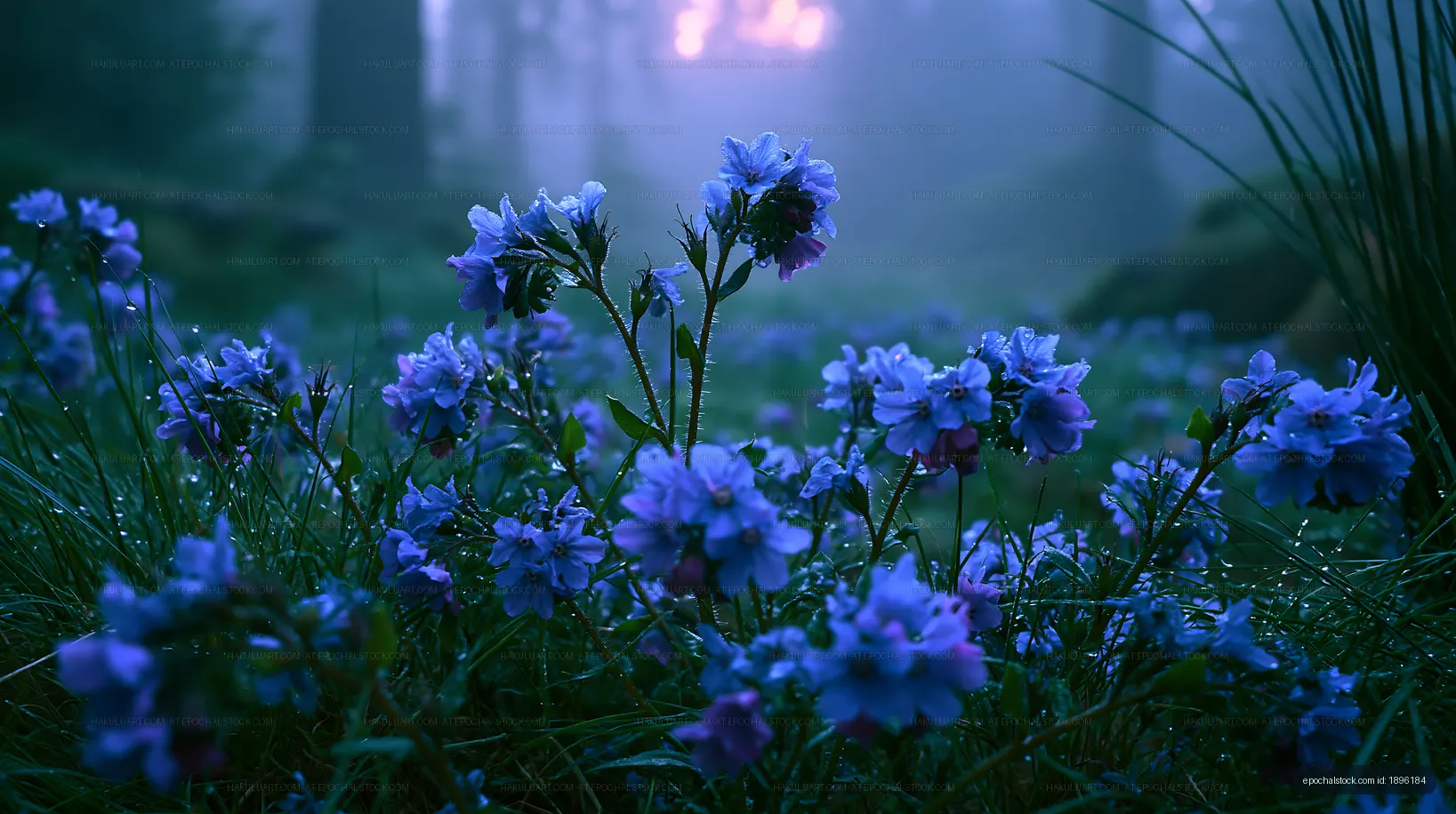 Blue flowers in a misty forest during early morning