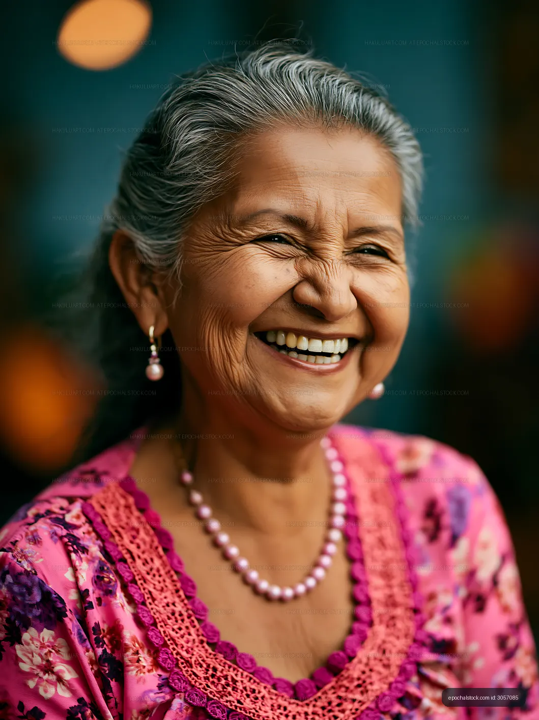 Smiling woman wears traditional clothing in outdoor setting