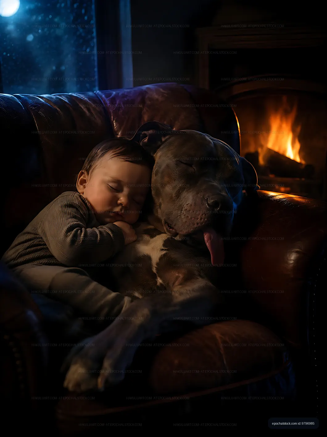 Baby sleeping on dog by fireplace in cozy living room