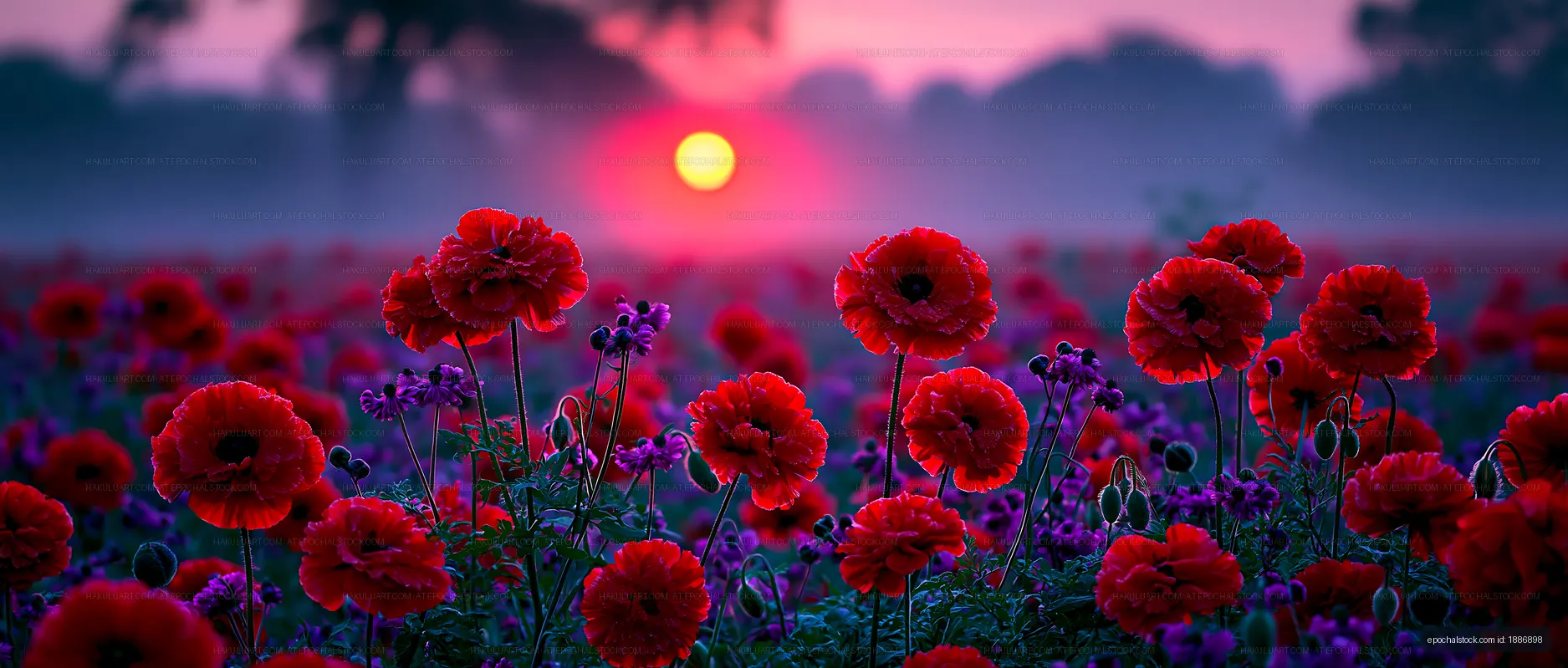 Red poppy flowers in a field during sunset