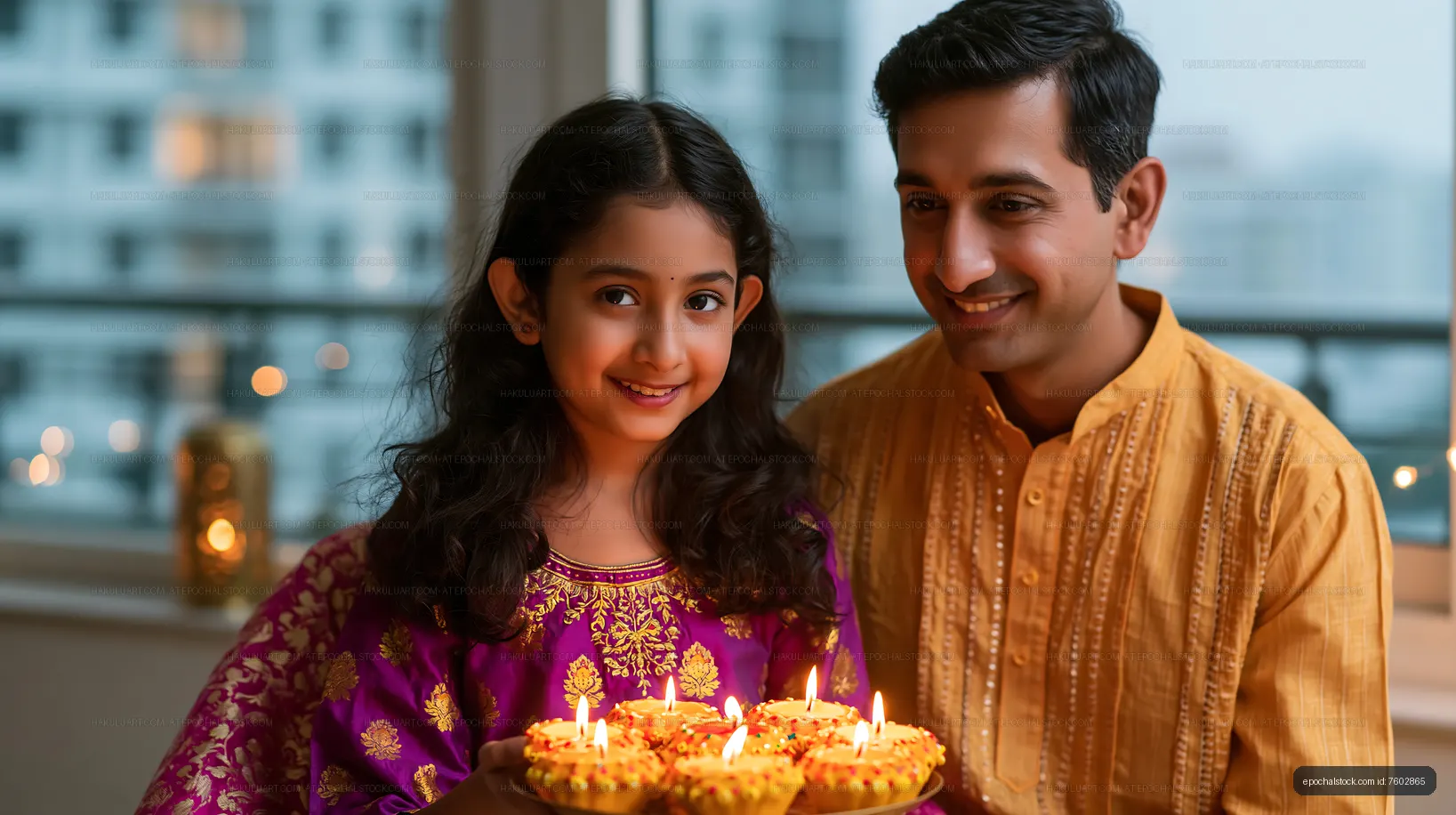 Father and daughter celebrate festival with candles at home