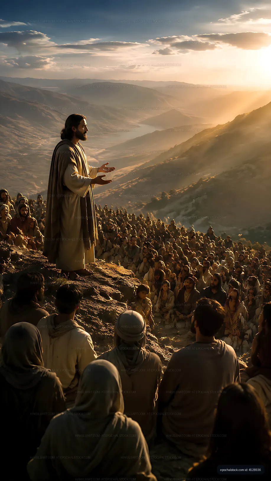 Man speaking to a crowd on a mountain during sunset