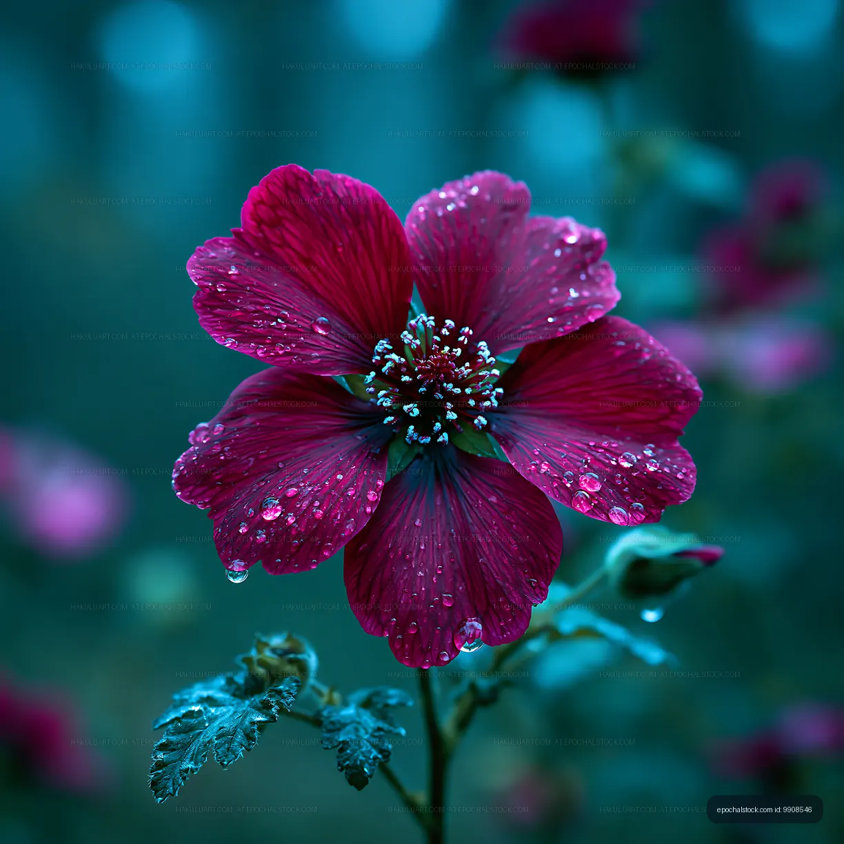 Red flower with water droplets in garden