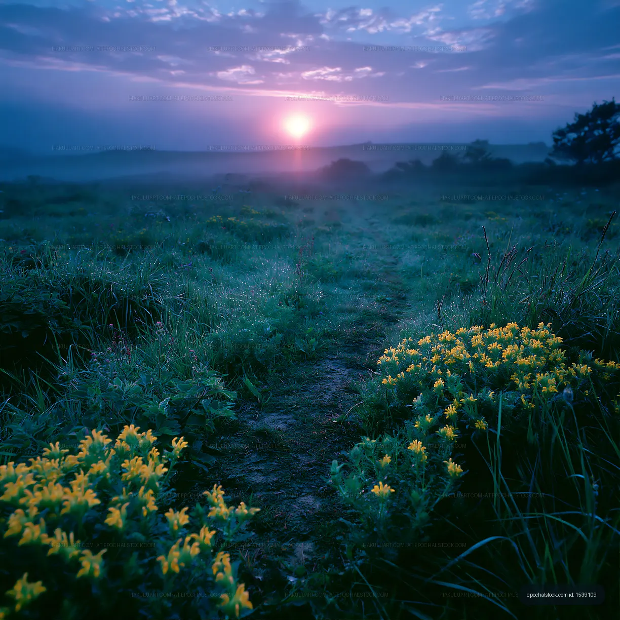 Sunset over grassy field with yellow flowers in the foreground