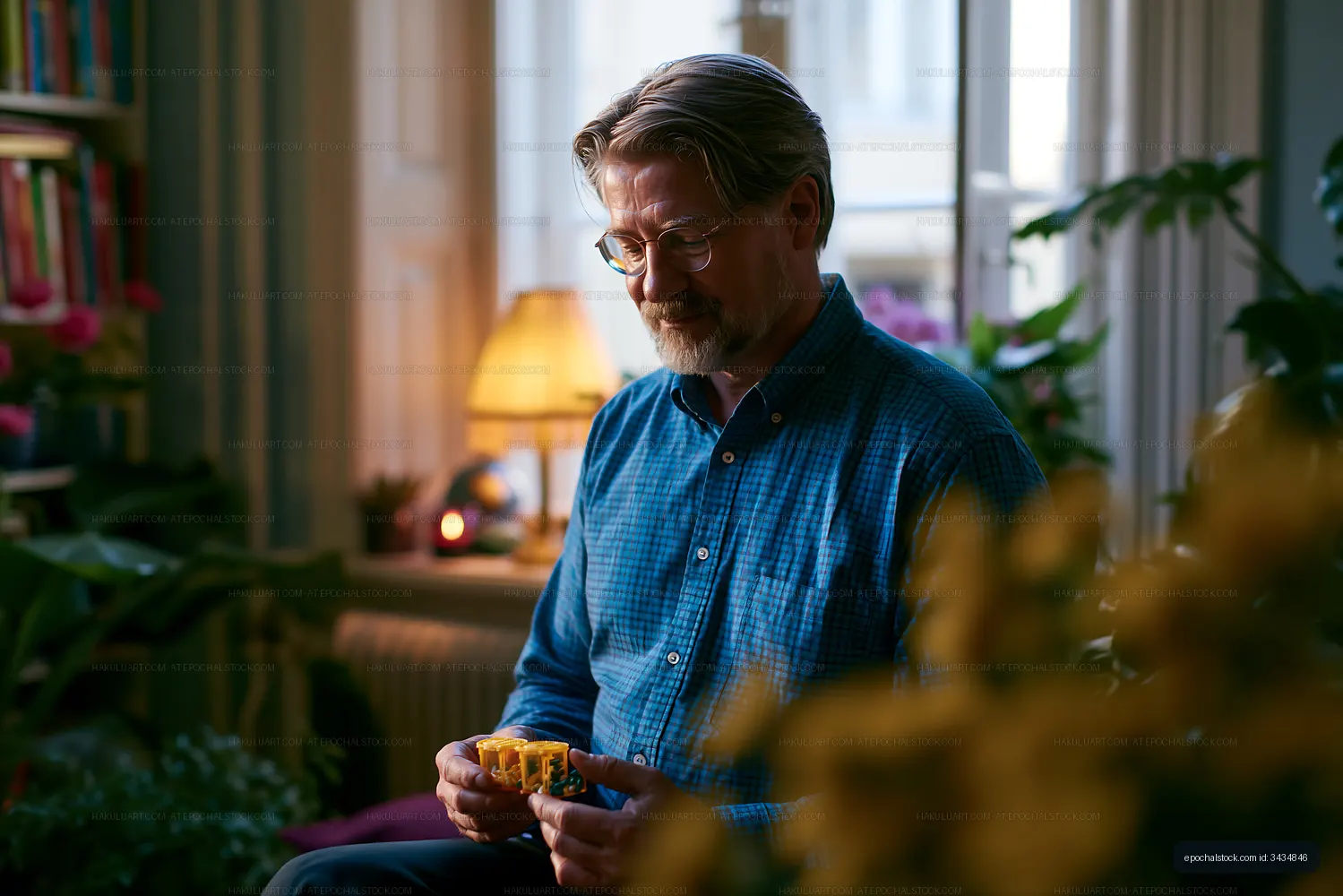 Man sitting in a cozy room holding a pastry