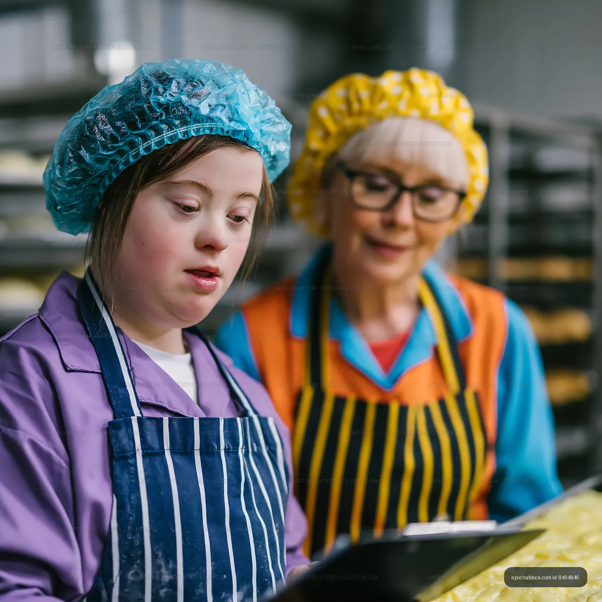 Young girl and older woman working in bakery setting