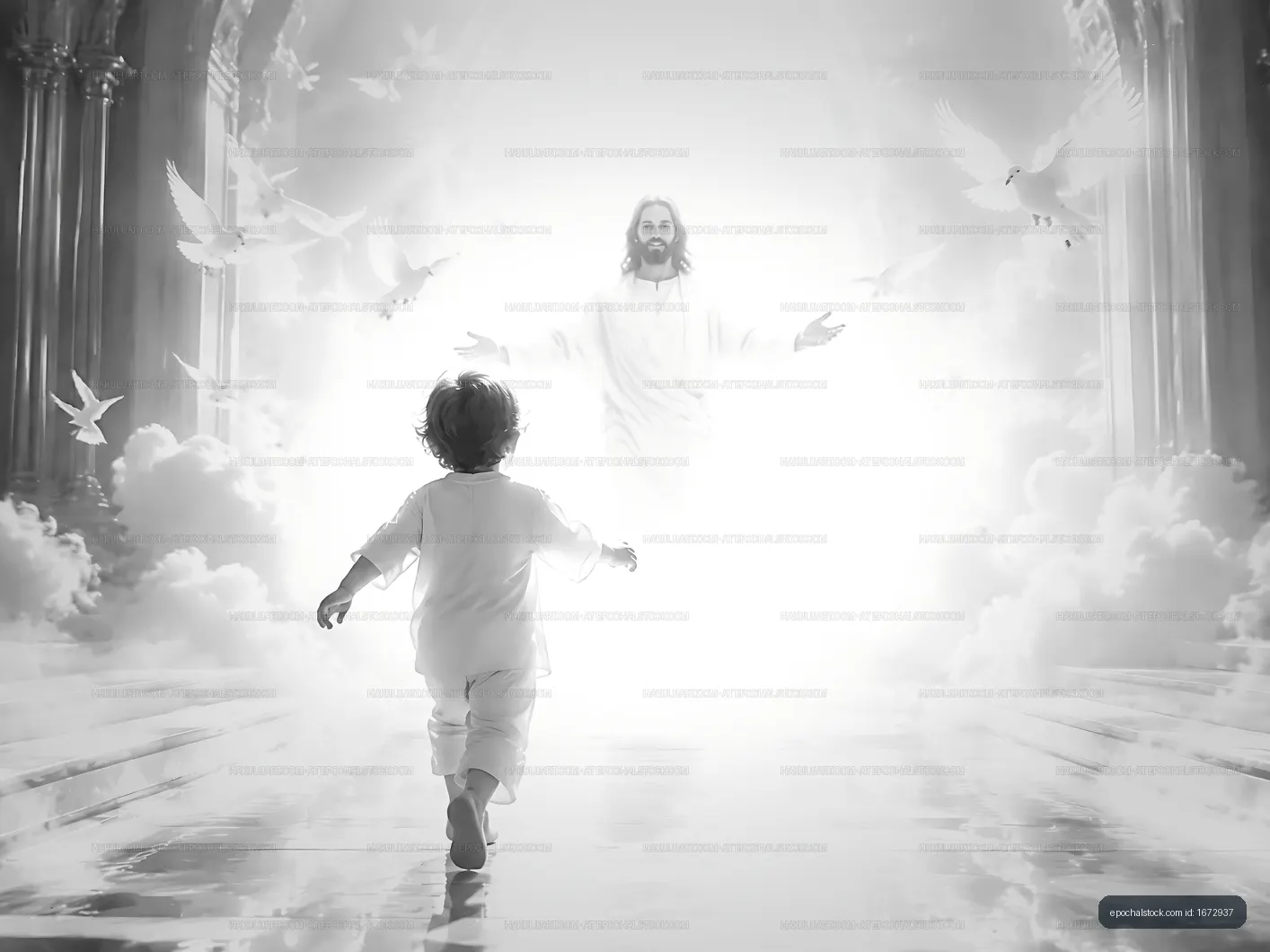 Child walking towards a spiritual figure in a bright space