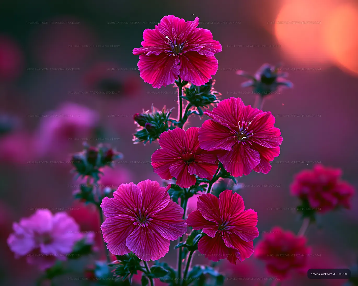 Colorful flowers blooming in a garden at sunset