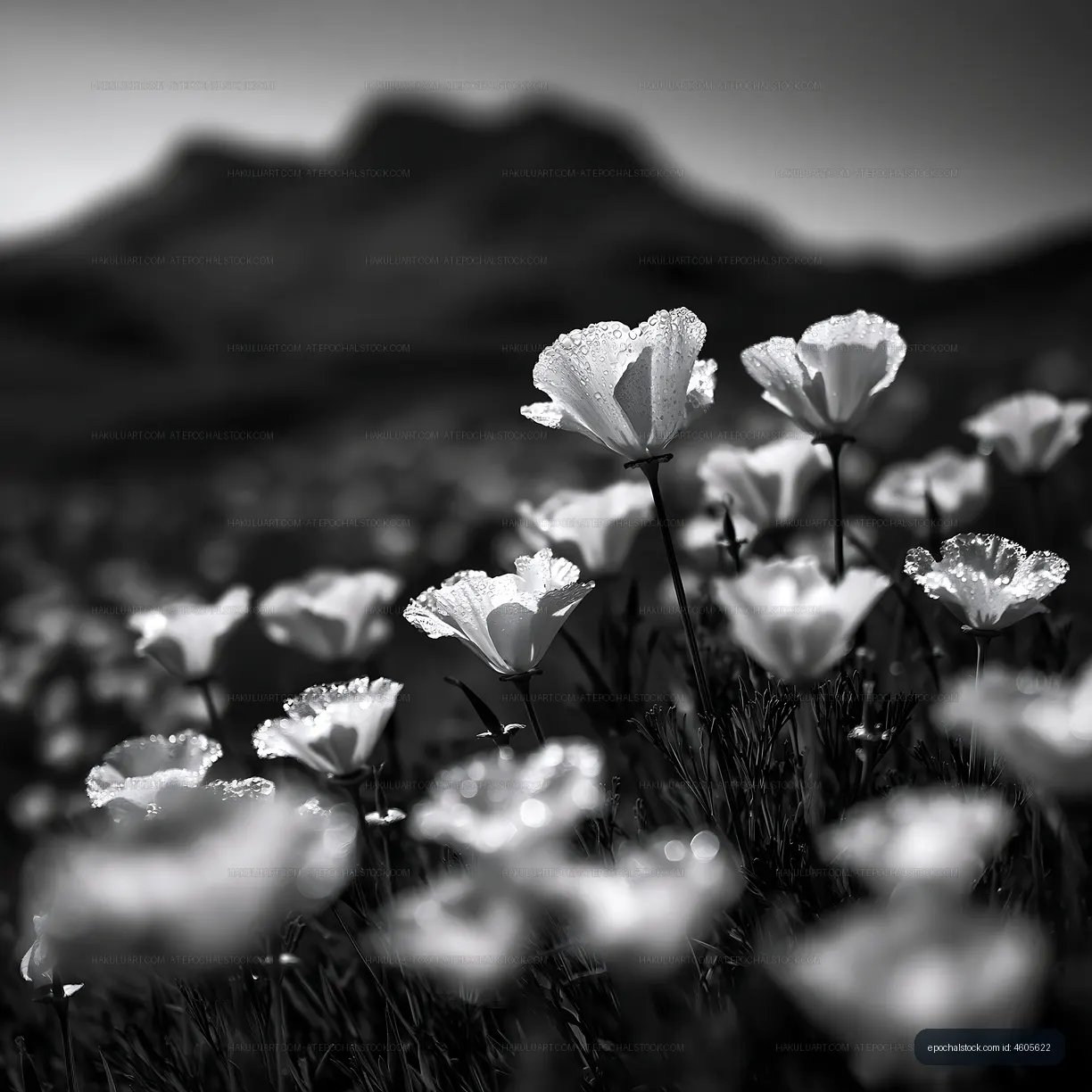 Flowers in black and white with mountains in the background