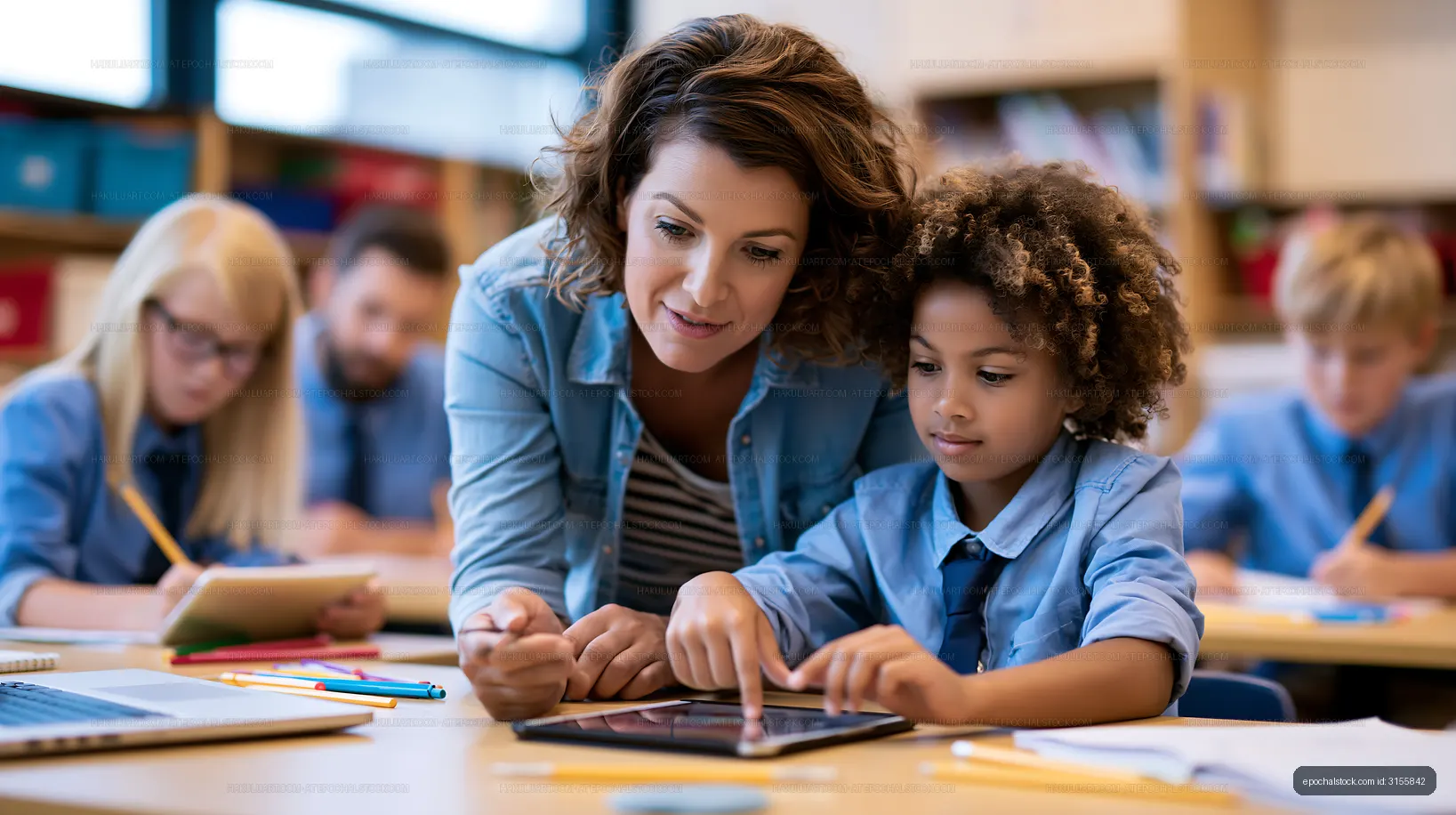 Teacher helps student with tablet in classroom setting