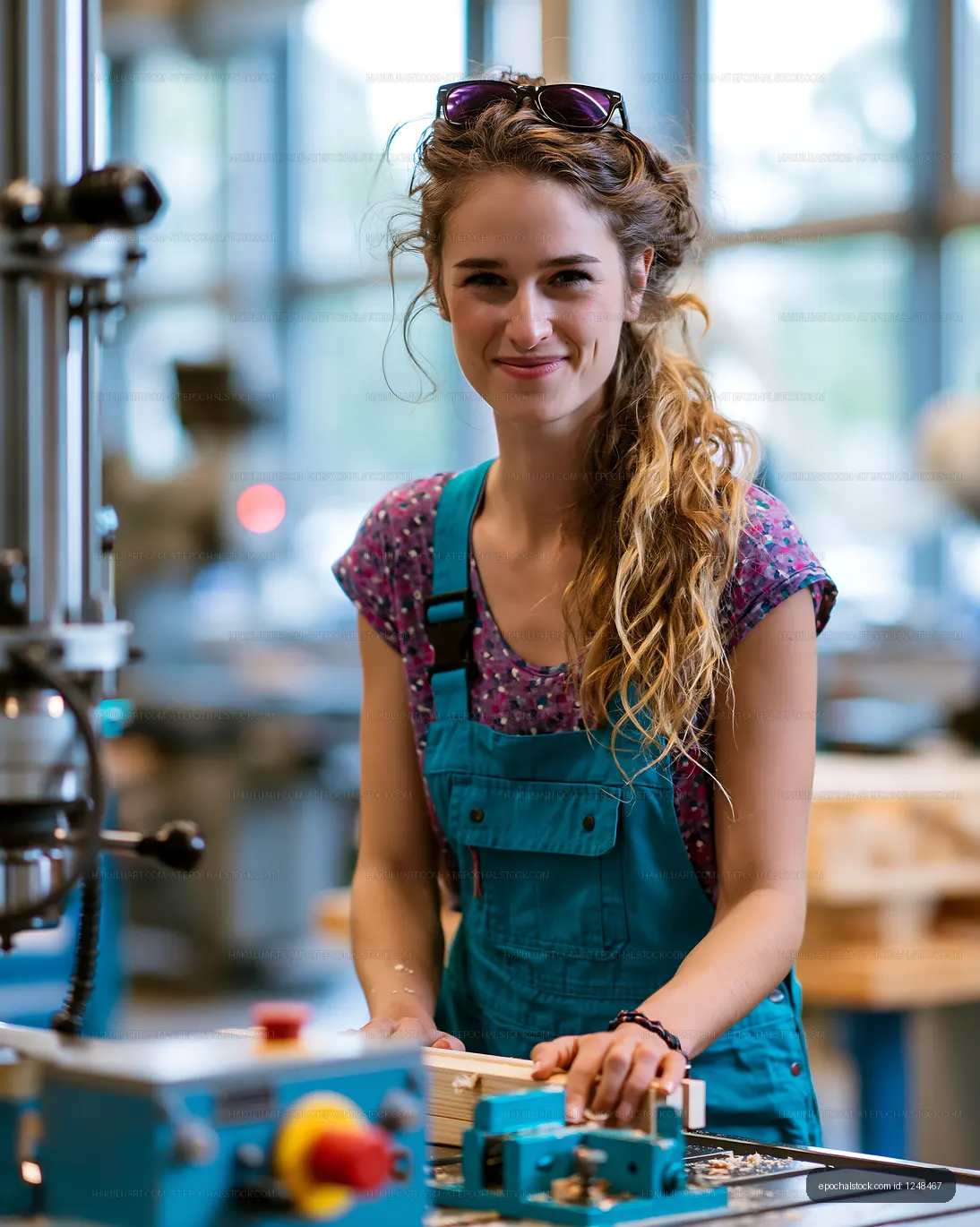 Woman working in a workshop with woodworking tools