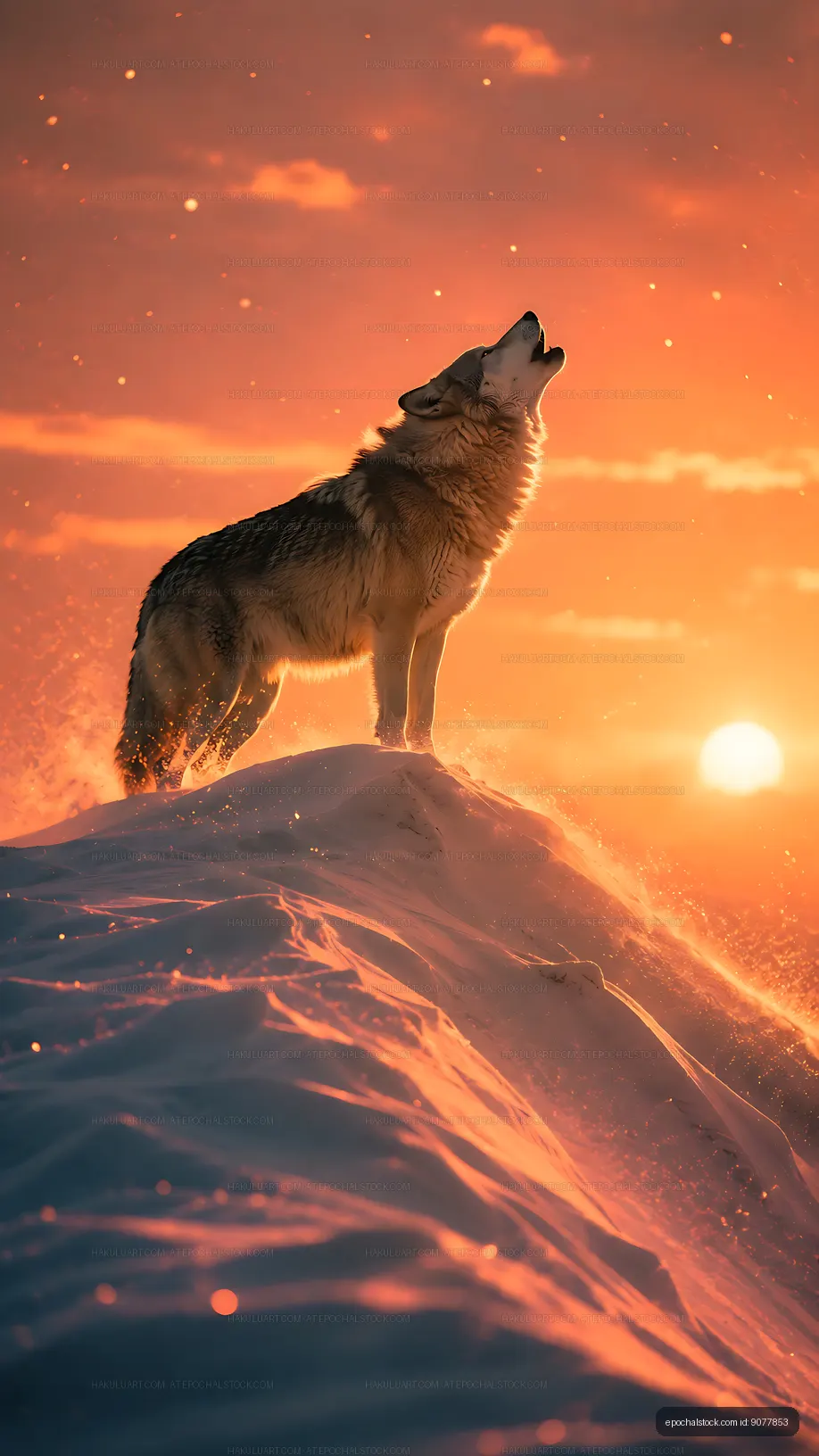 Wolf howling at sunset over snow-covered landscape