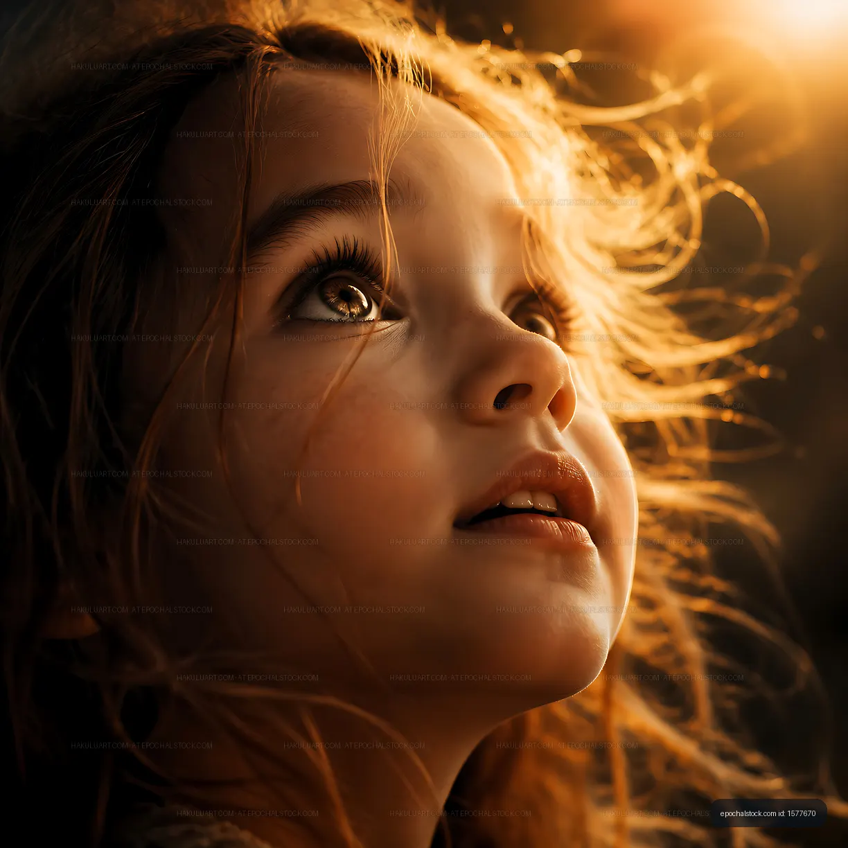 Child looks up with wonder and curiosity in natural light