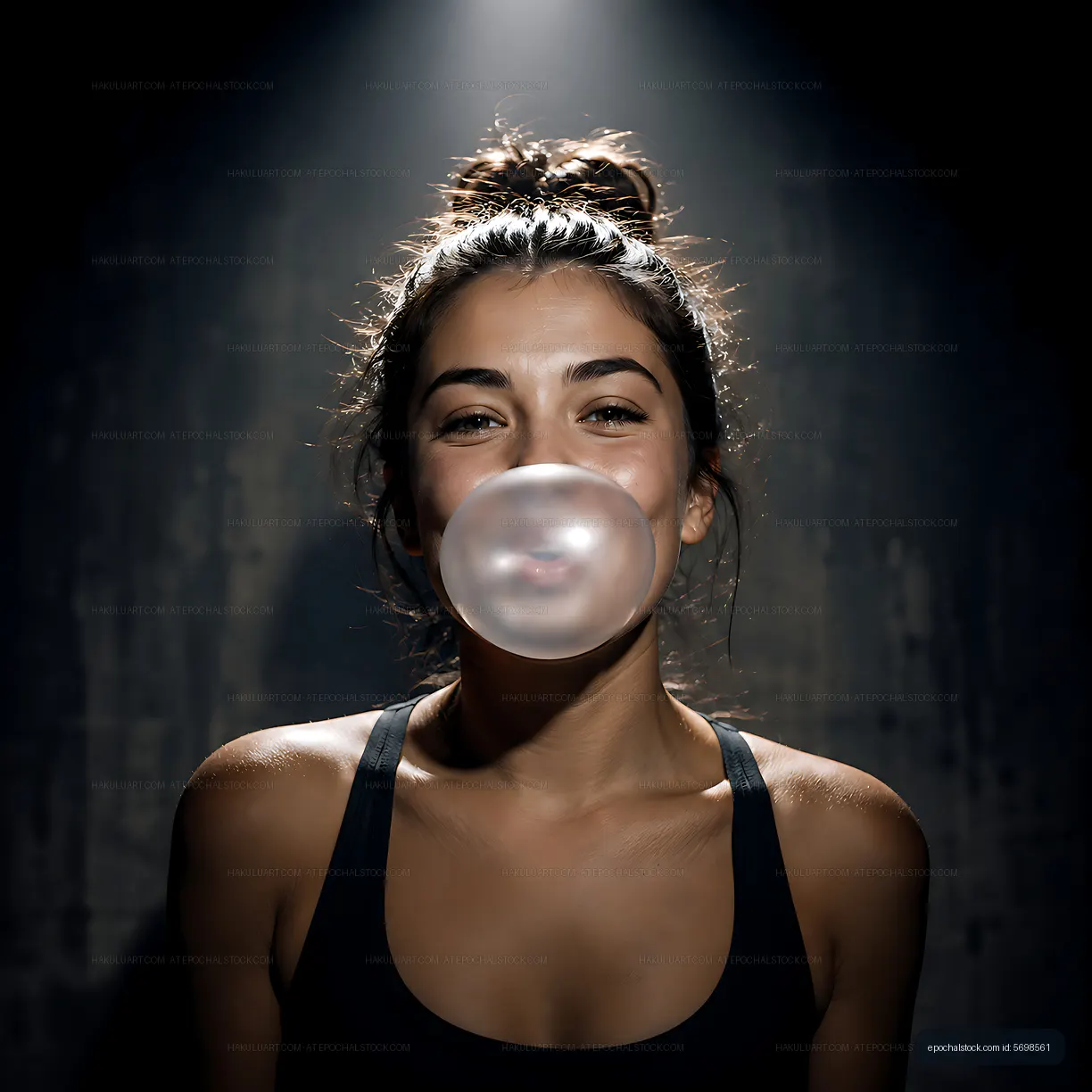 Woman blowing bubble gum in a dark indoor setting