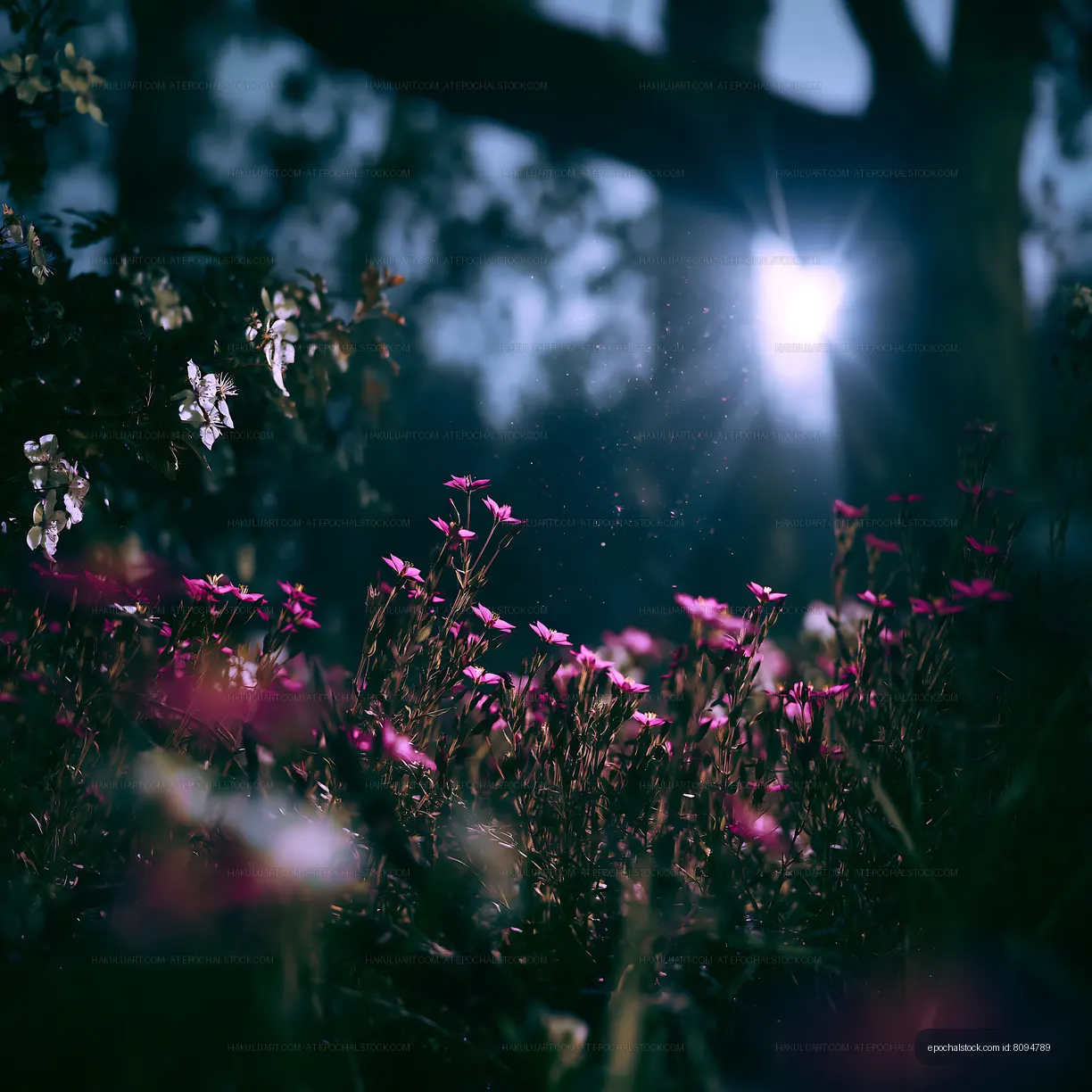 Flowers bloom in garden under soft sunlight