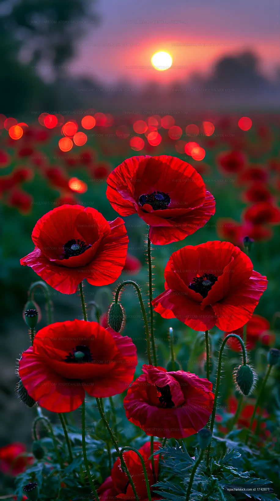 Red poppy flowers in a field at sunset
