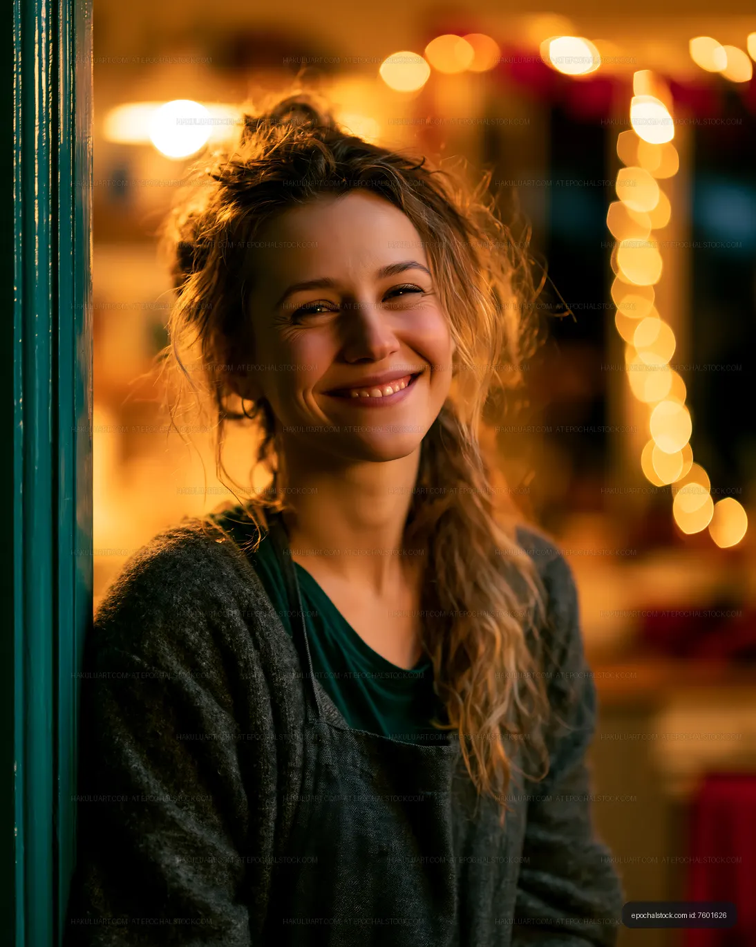 Smiling woman stands near a doorway in warm light