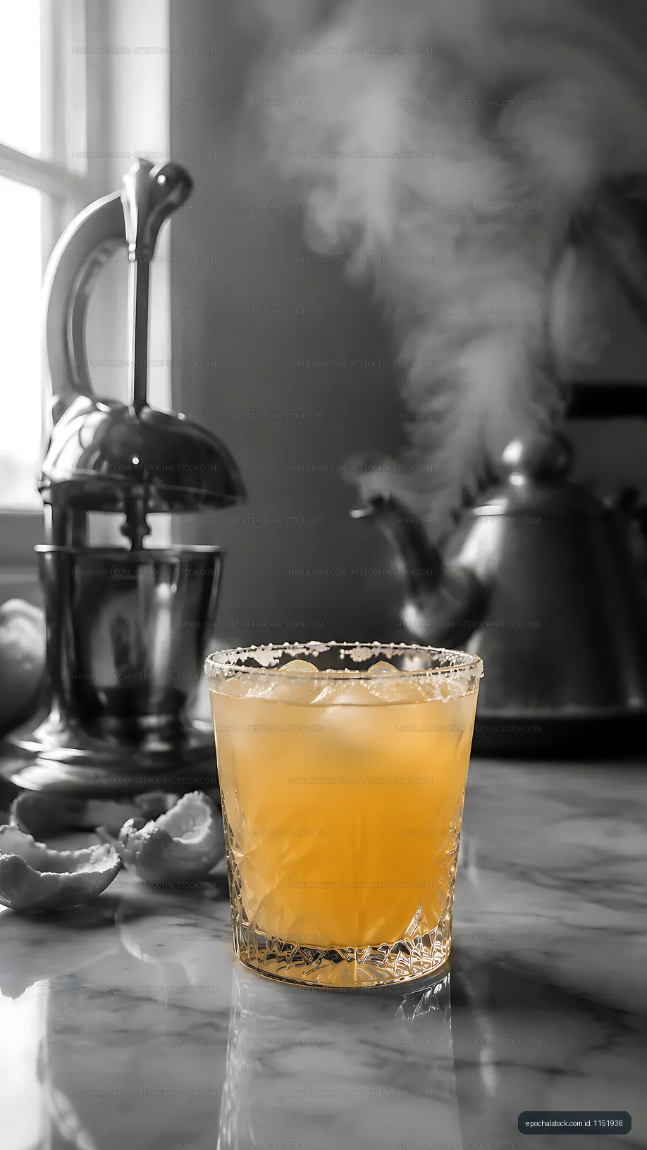 Refreshing cocktail on a marble countertop with kitchen tools