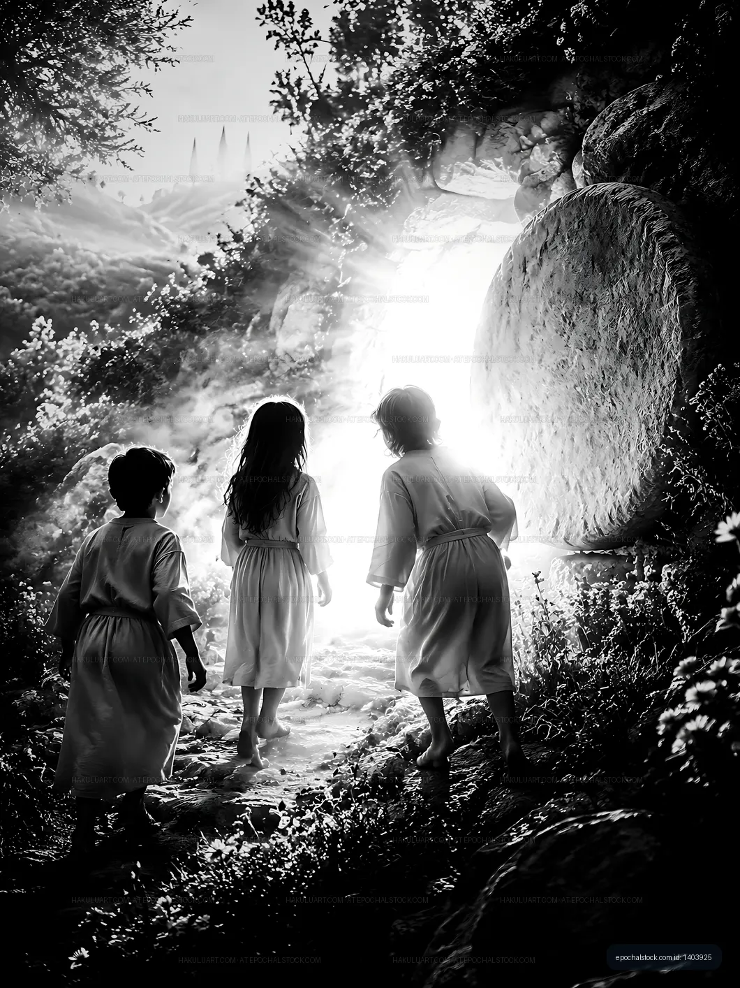 Children walking towards a bright light from a cave entrance