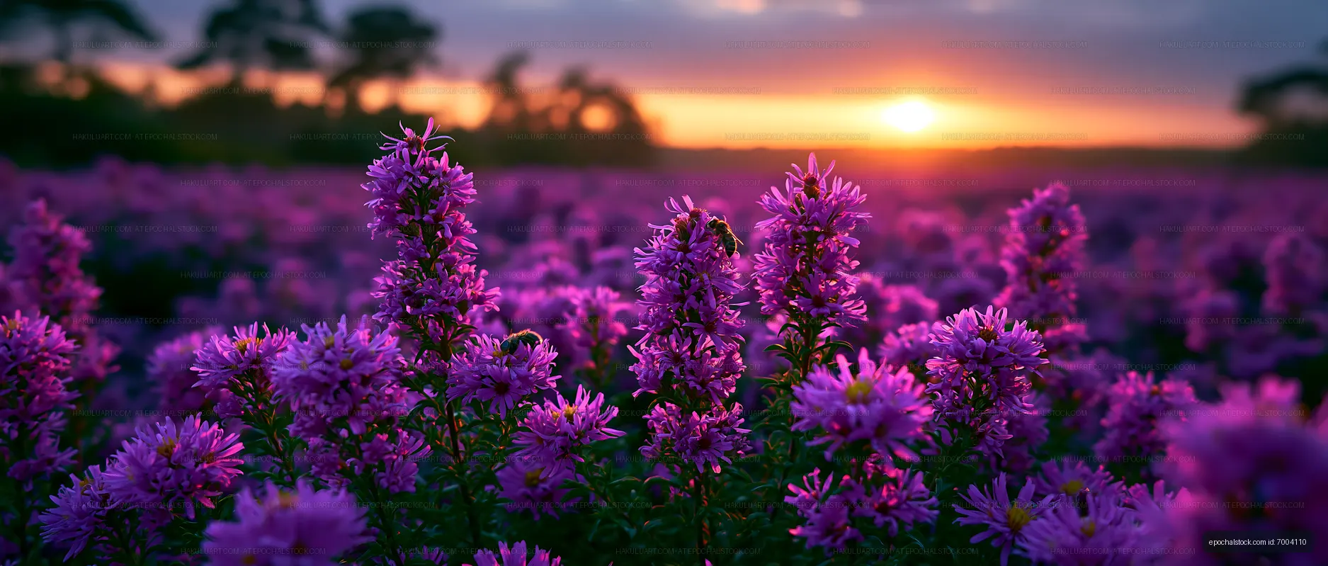 Purple flowers bloom at sunset in a vast field