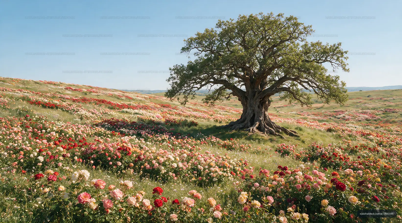 Blossoming flowers surround a large tree in a sunny field