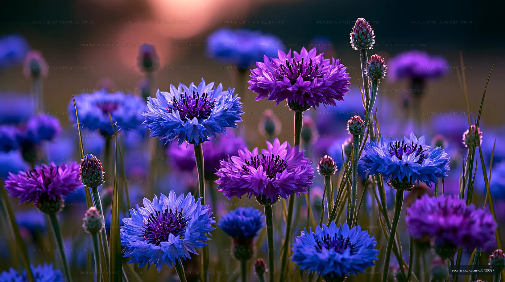 Colorful flowers in a field at sunset