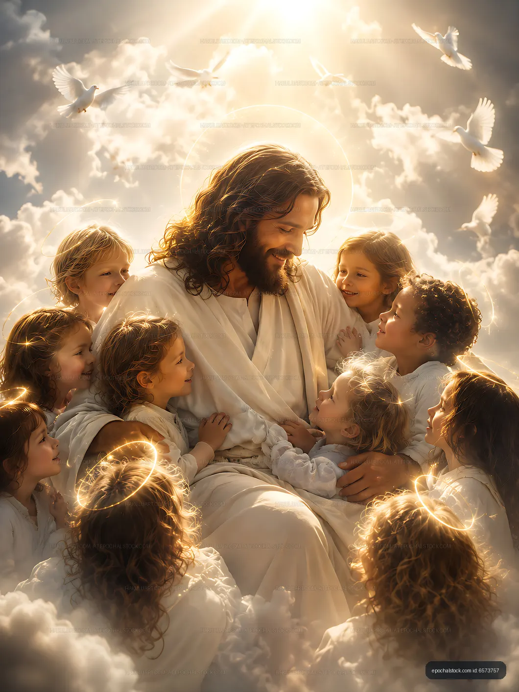 Children gathered around a figure in a cloudy, bright setting