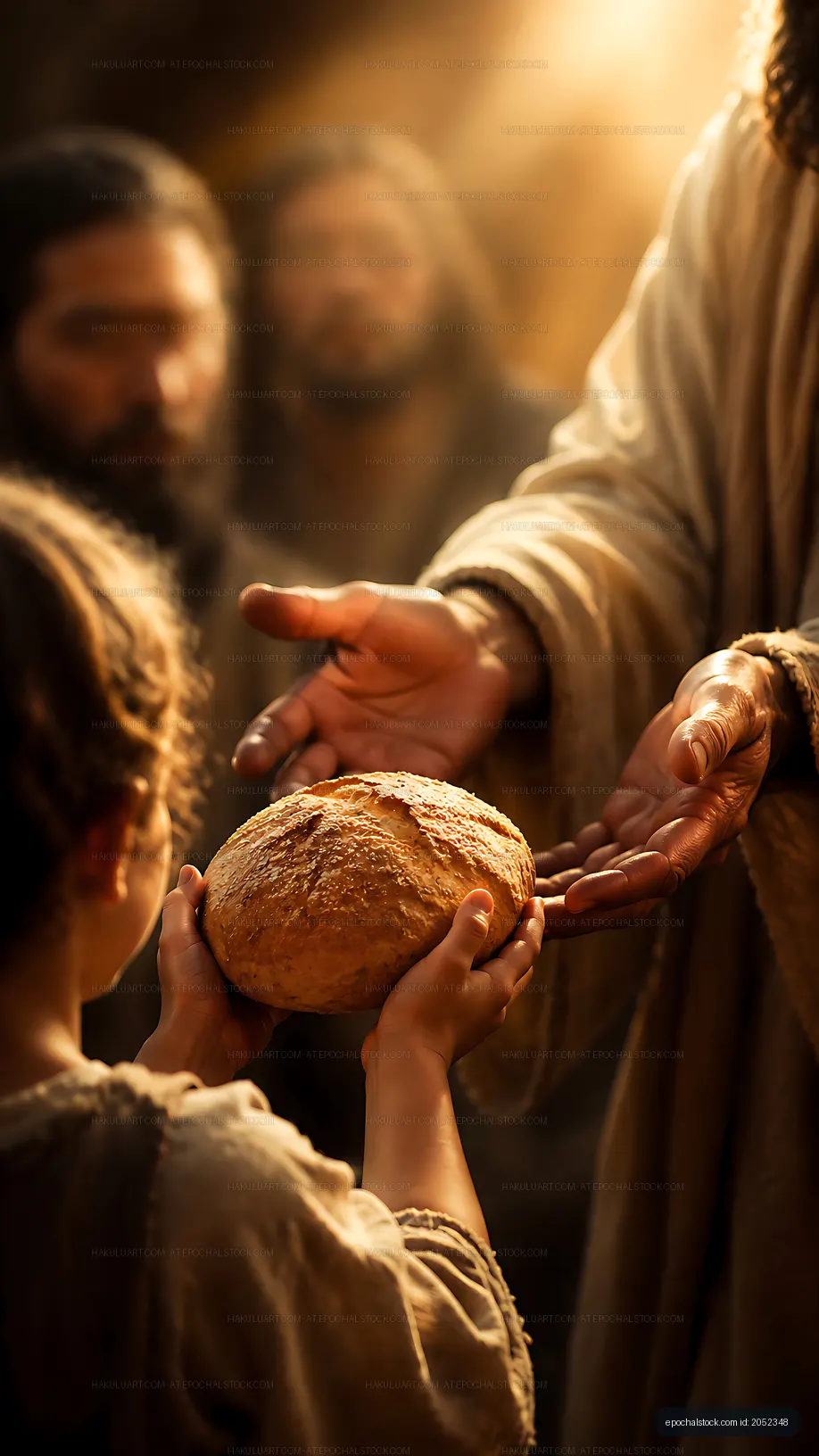 Child receiving bread from an adult in a warm setting