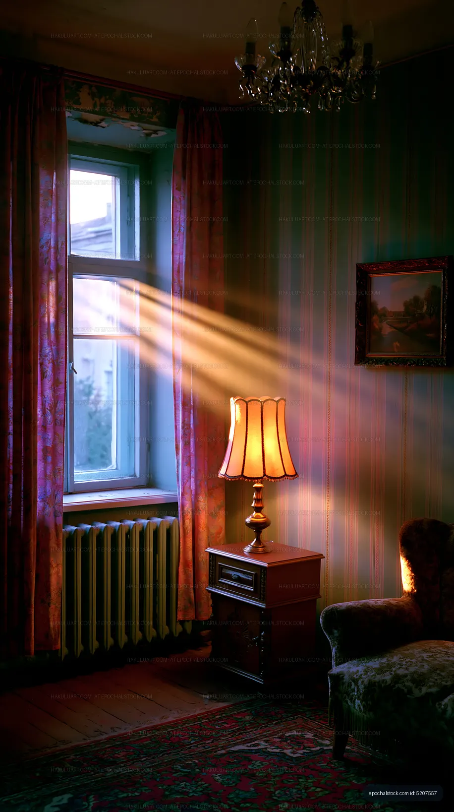 Light streaming through a window in a vintage living room
