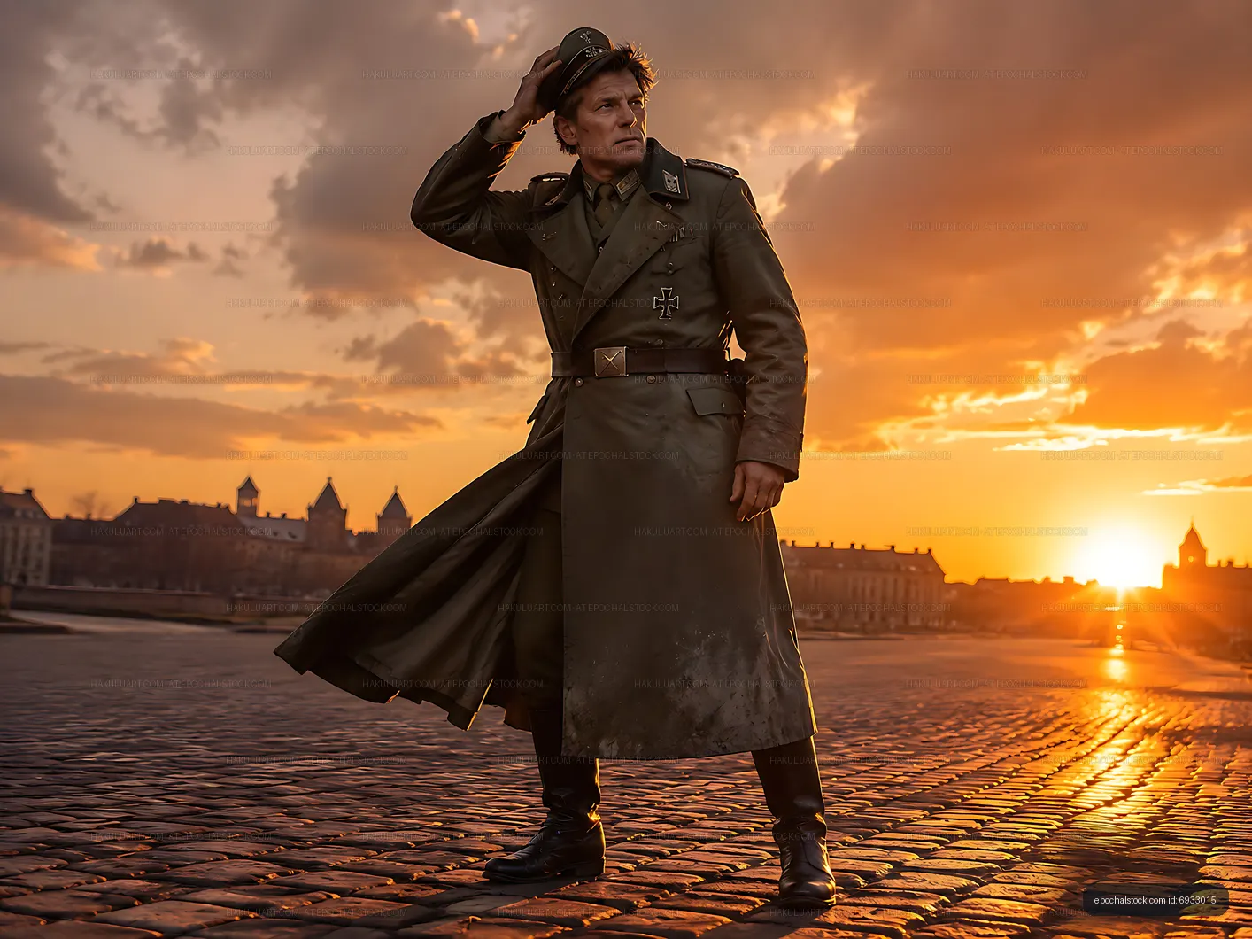 Soldier in uniform standing on cobblestone street at sunset