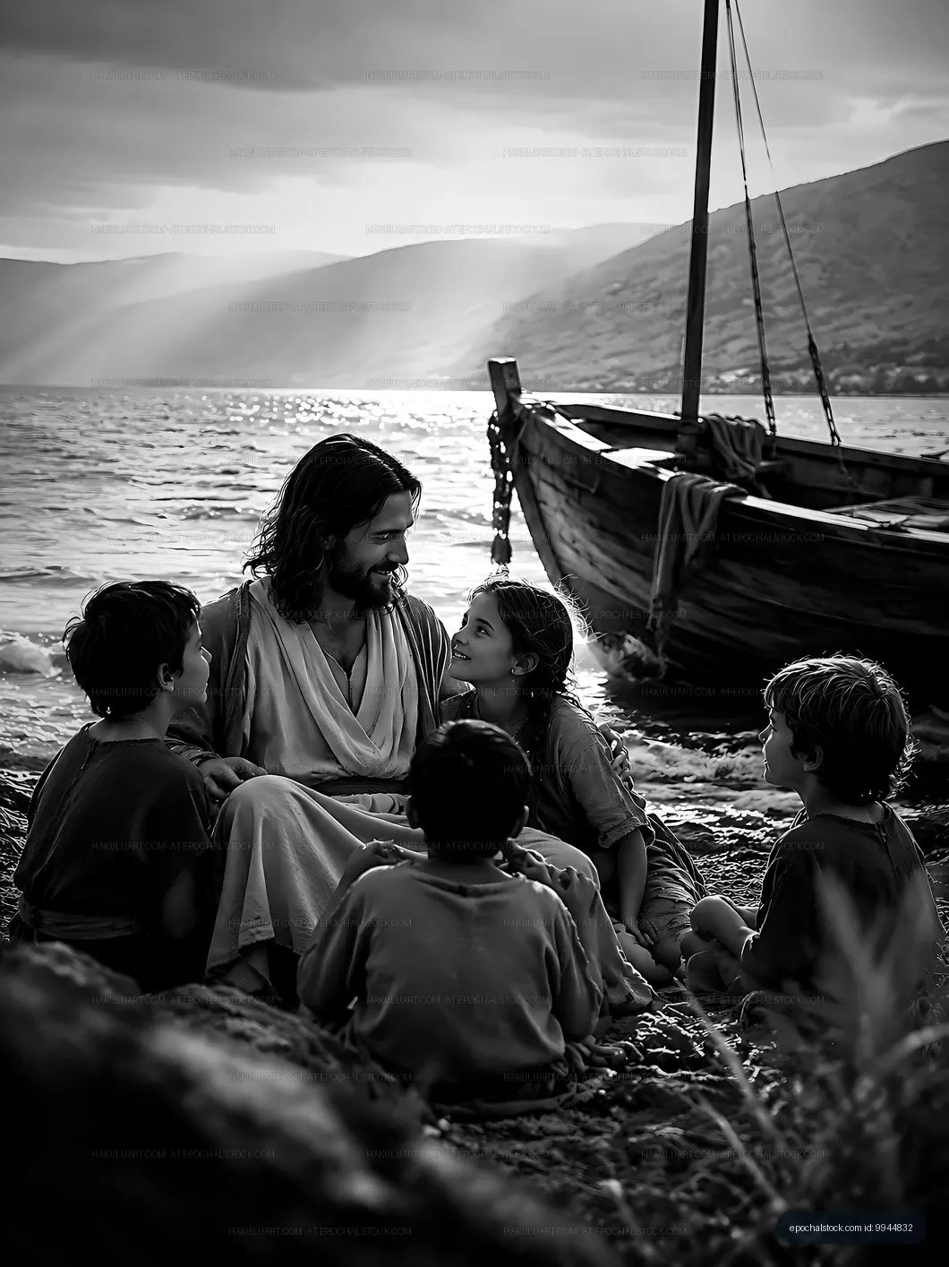 Jesus teaches children by the sea with a boat in the background