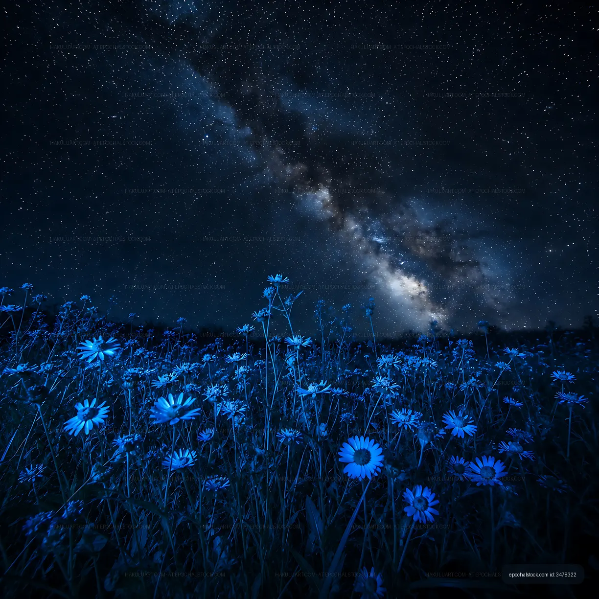 Stars shine over a field of blue flowers at night