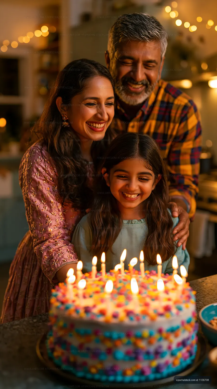 Family celebrates birthday with cake and candles at home