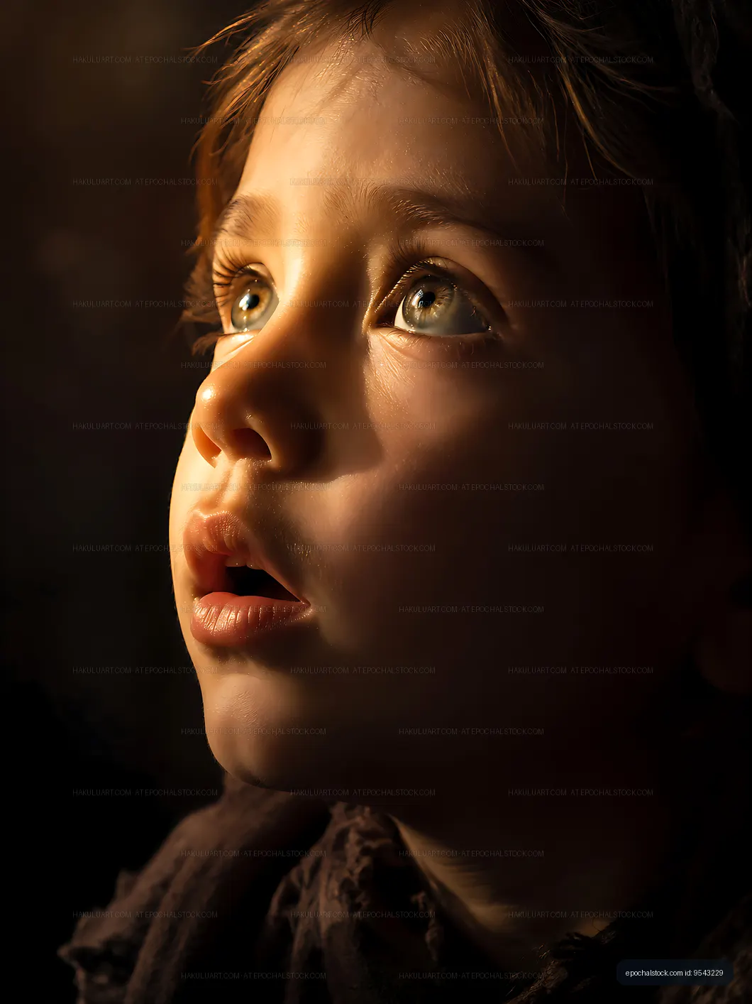 Child looking up with wonder in soft lighting