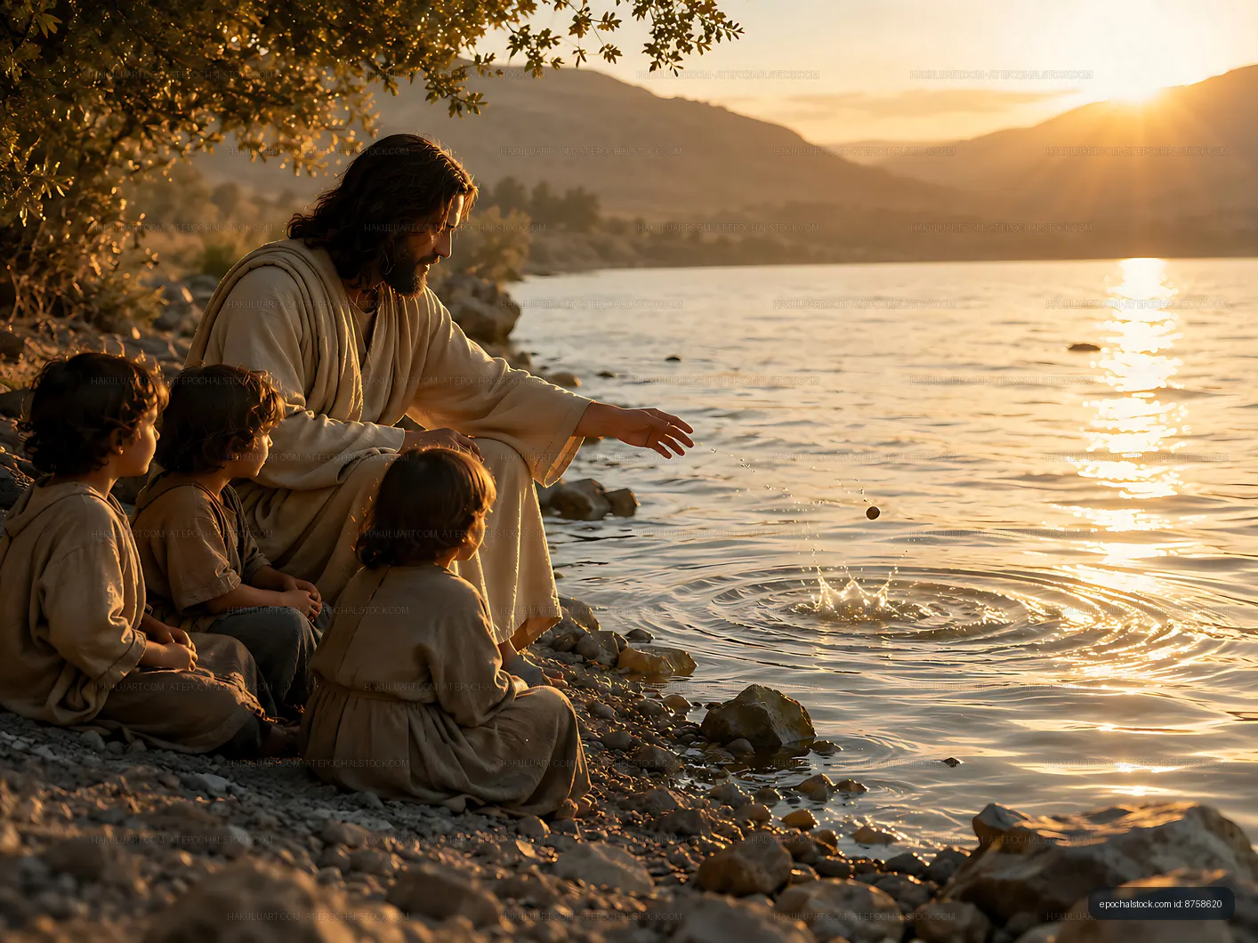 Jesus teaching children by the lakeside at sunset