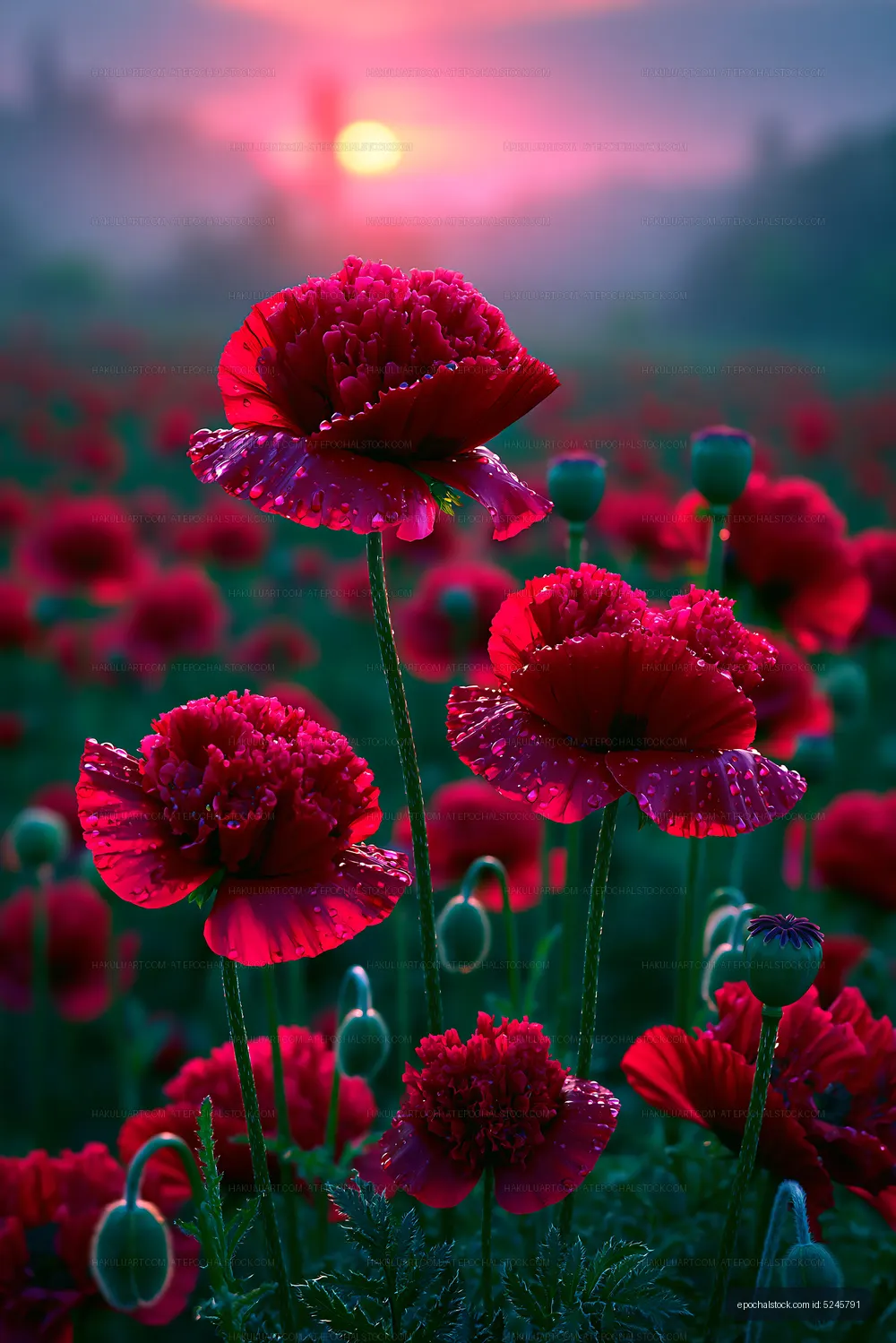 Bright red poppy flowers at sunset in a field