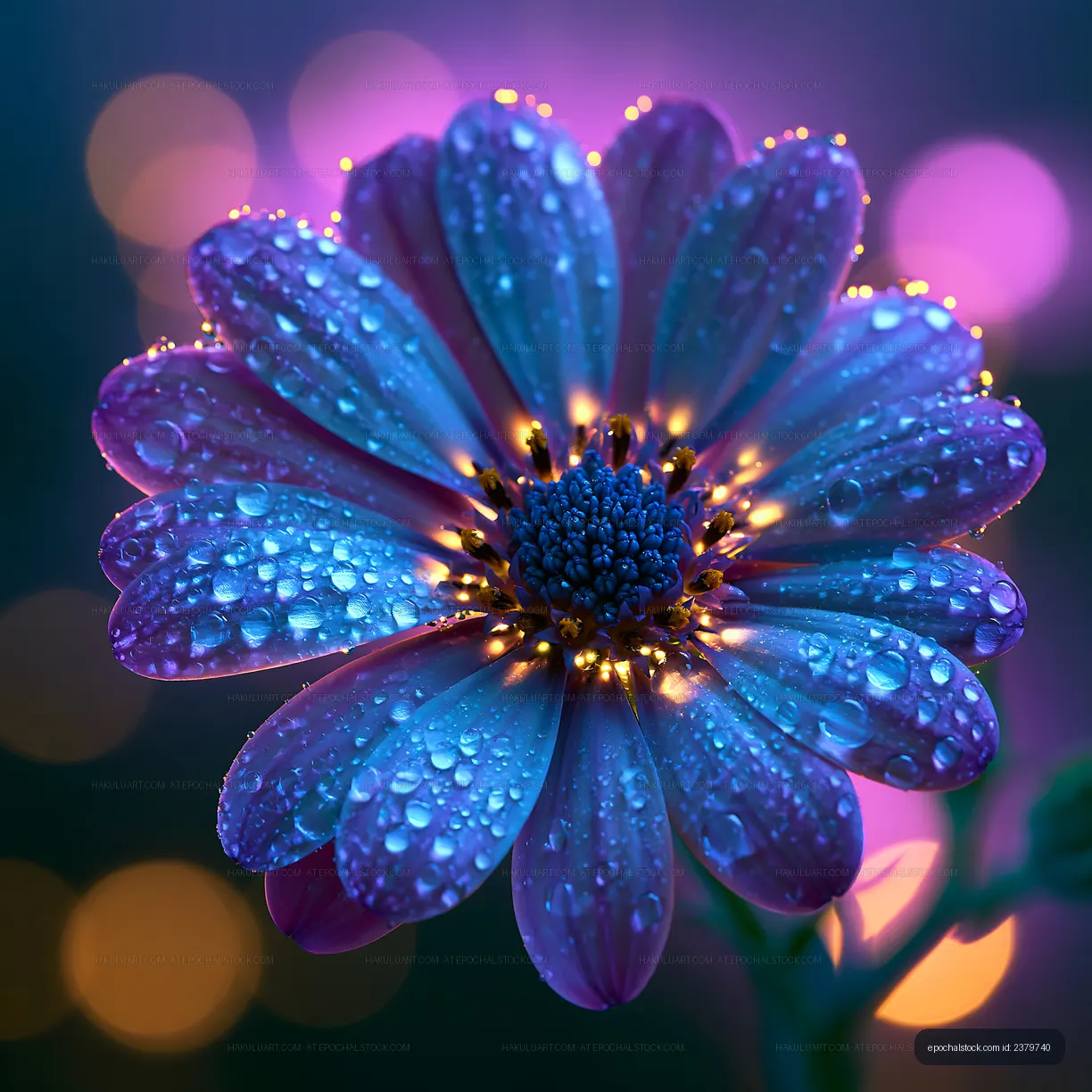 Close-up view of a flower with water droplets in soft lighting