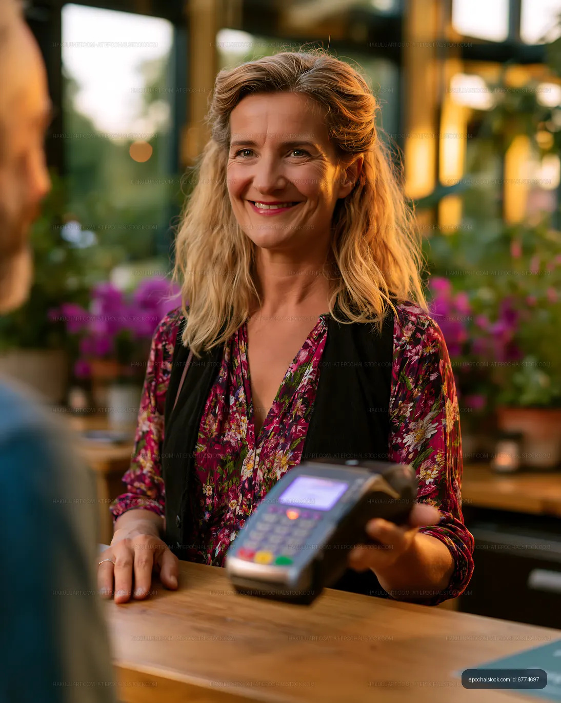 Woman assisting customer with payment at cafe counter