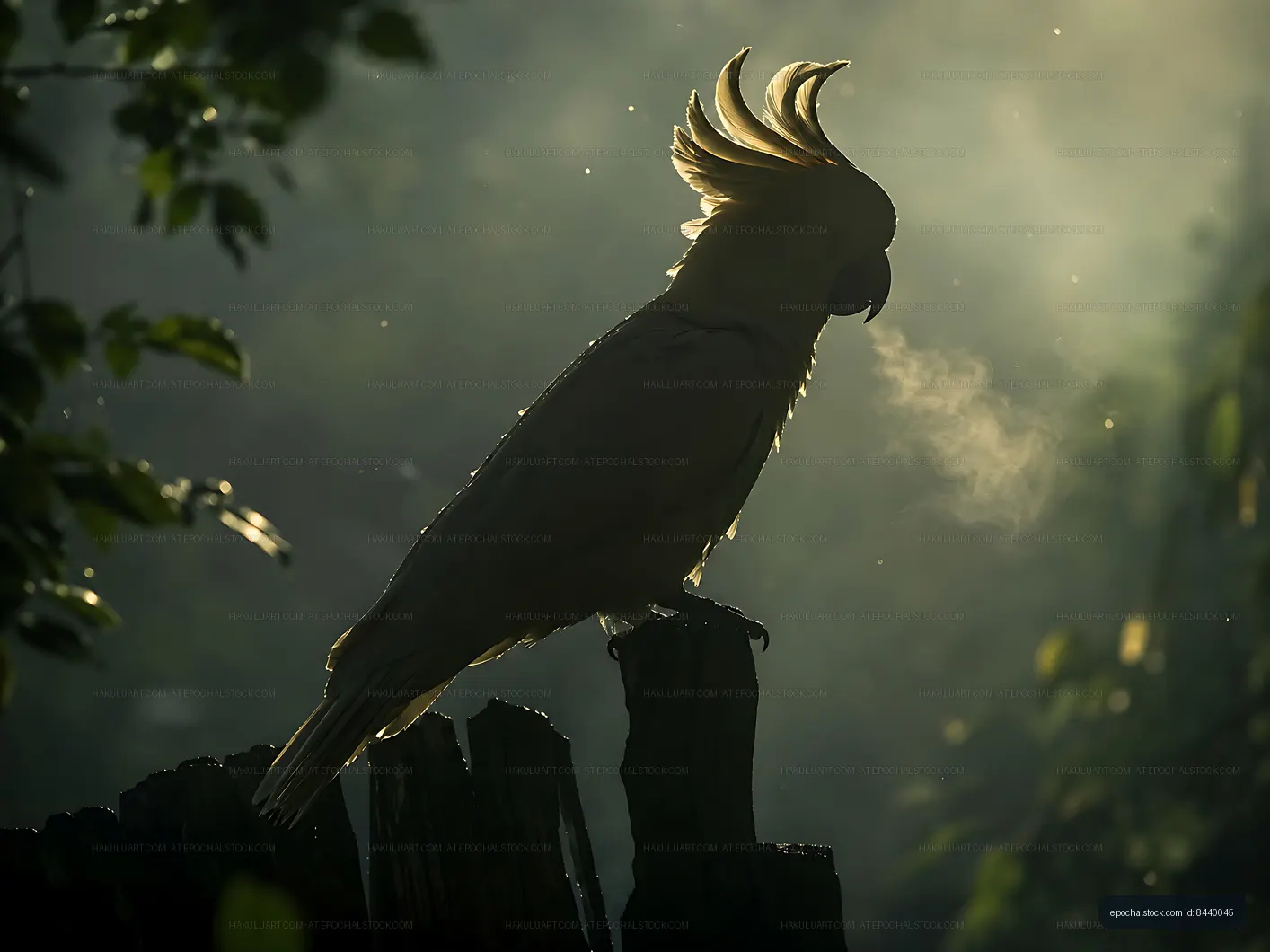 Silhouette of a cockatoo perched on a wooden post at dawn