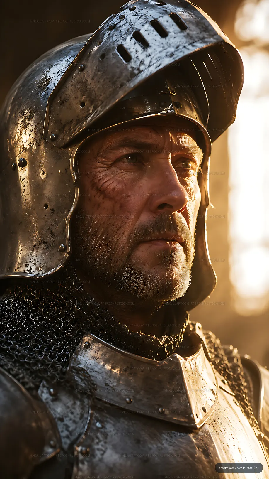 Knight in armor standing in sunlight during a forest scene
